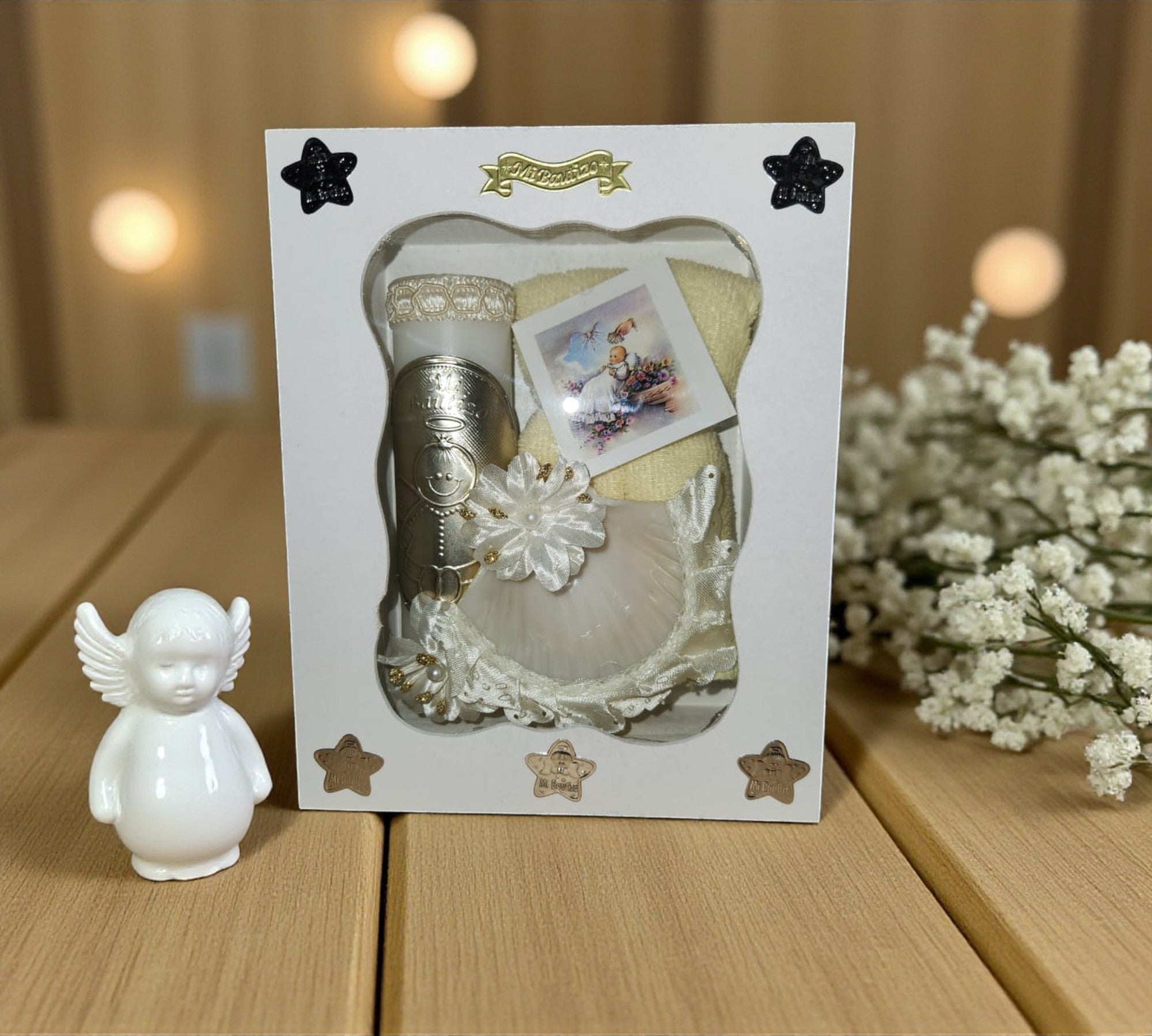 Kit de Vela Bautizo Madera Blanca 01