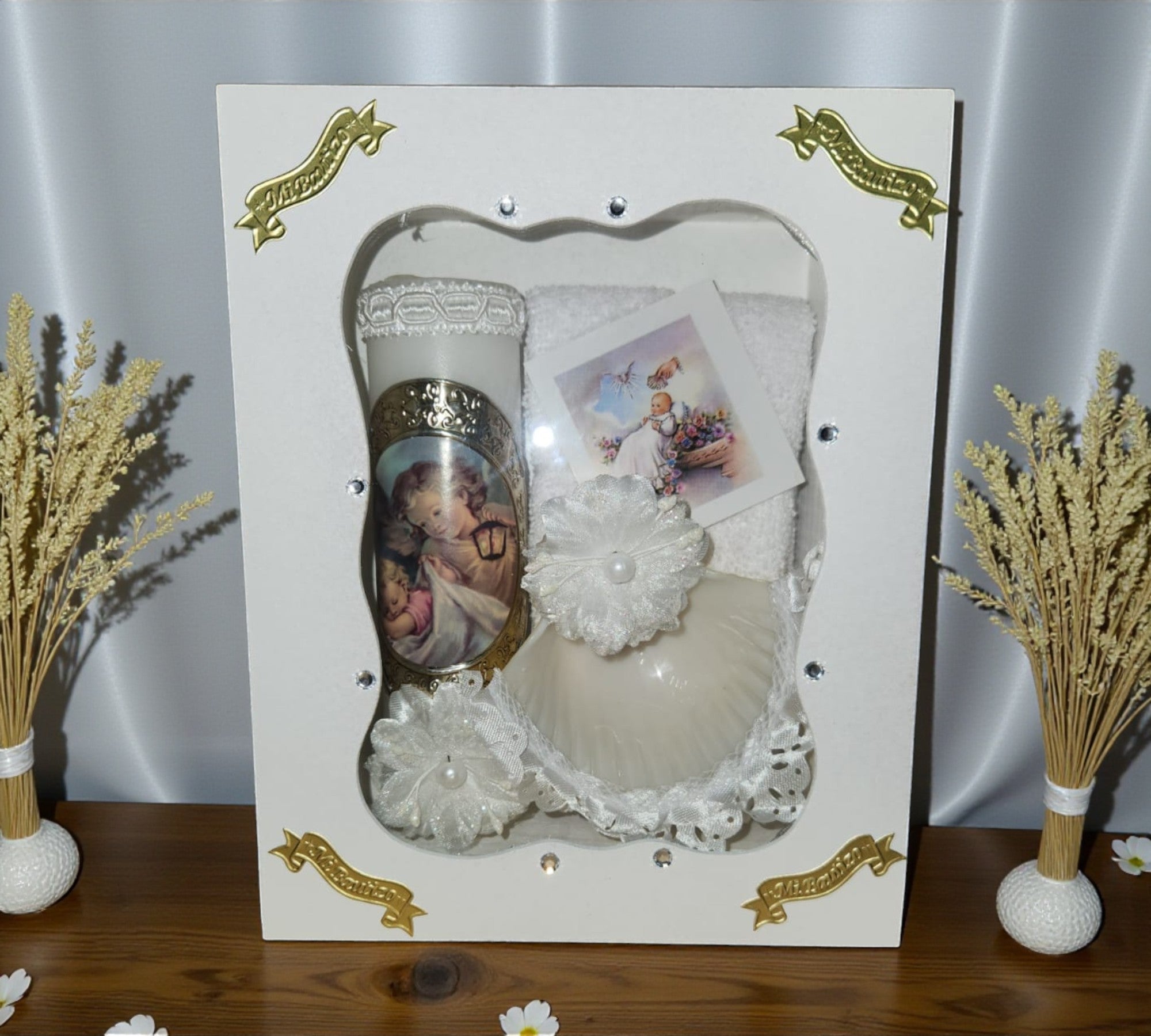 Kit de Vela Bautizo Madera Blanca 03