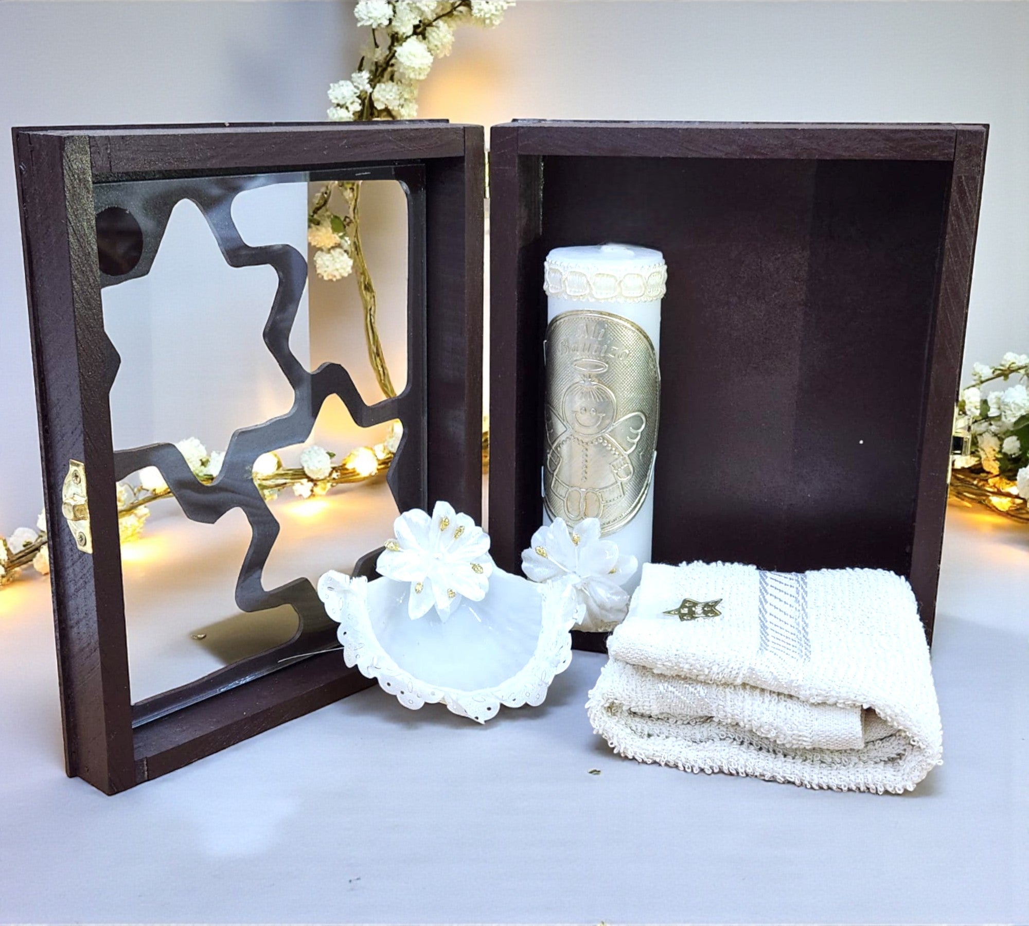 Kit de Vela Bautizo Estrella Madera Oscura 02
