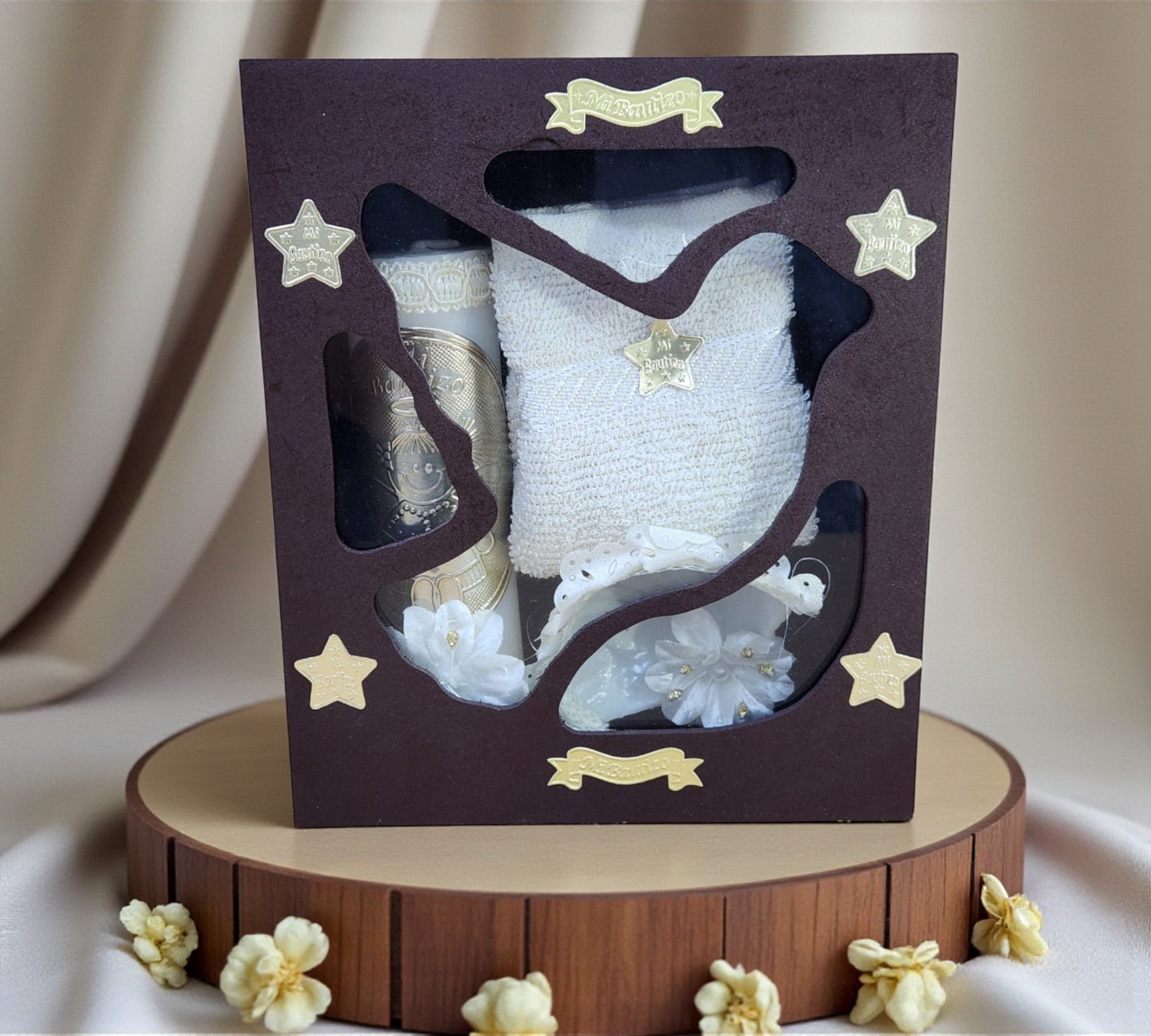 Kit de Vela Bautizo Paloma Madera Oscura 07