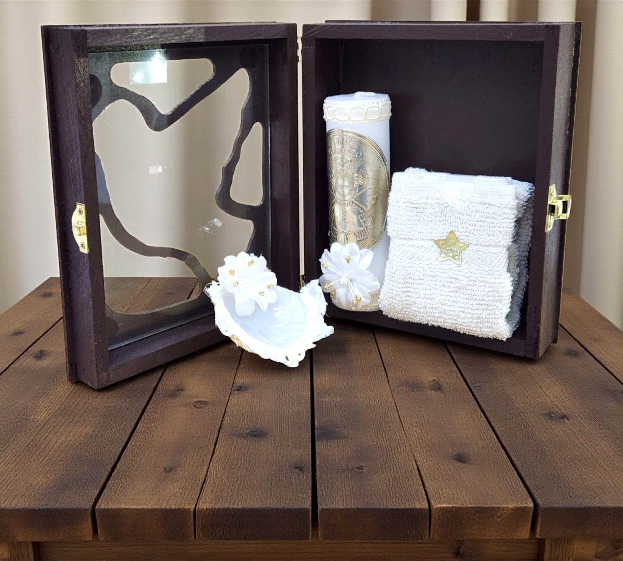 Kit de Vela Bautizo Paloma Madera Oscura 07