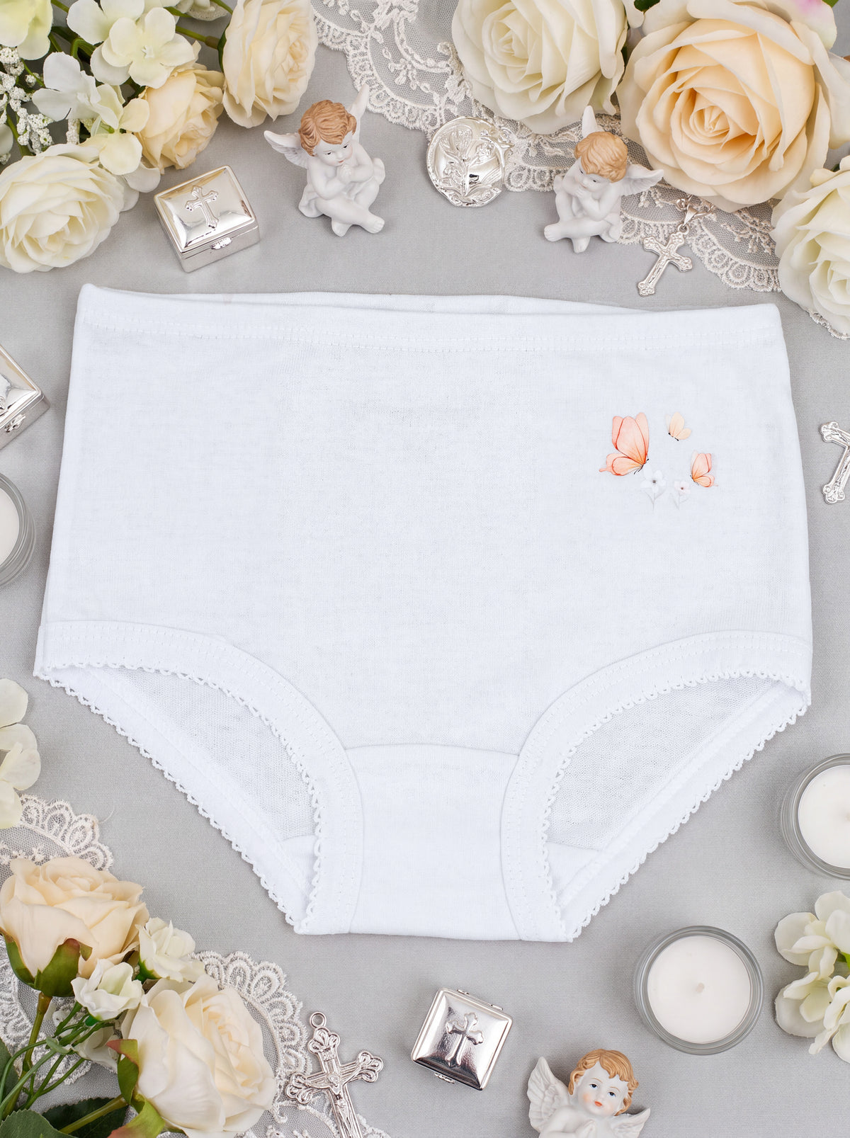 Coordinado Bautizo 088 blanco, calzón tipo panty con mariposas