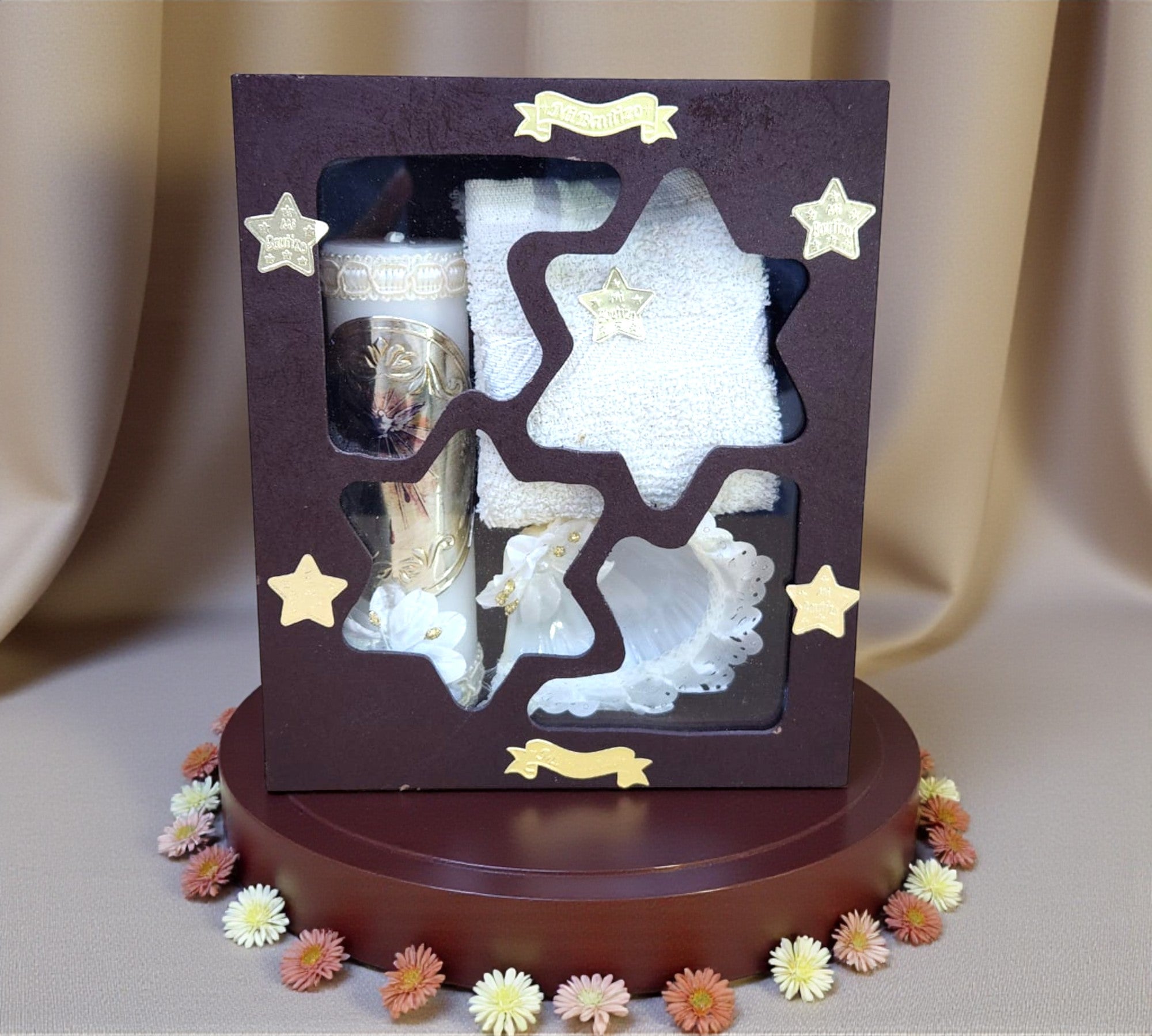 Kit de Vela Bautizo Estrella Madera Oscura 04