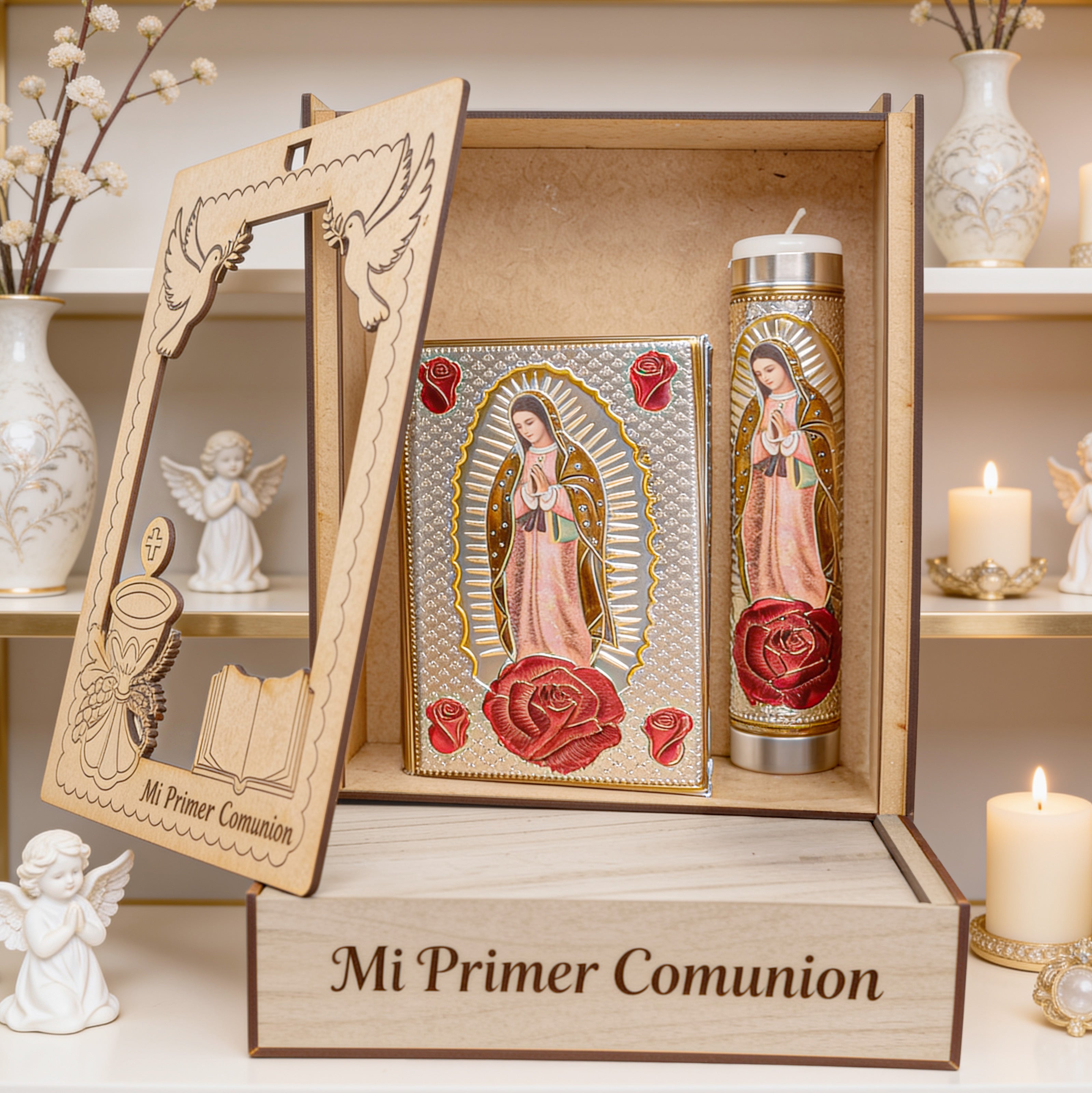 Kit de Vela Primera Comunión Caja Repujado Virgen Rosas