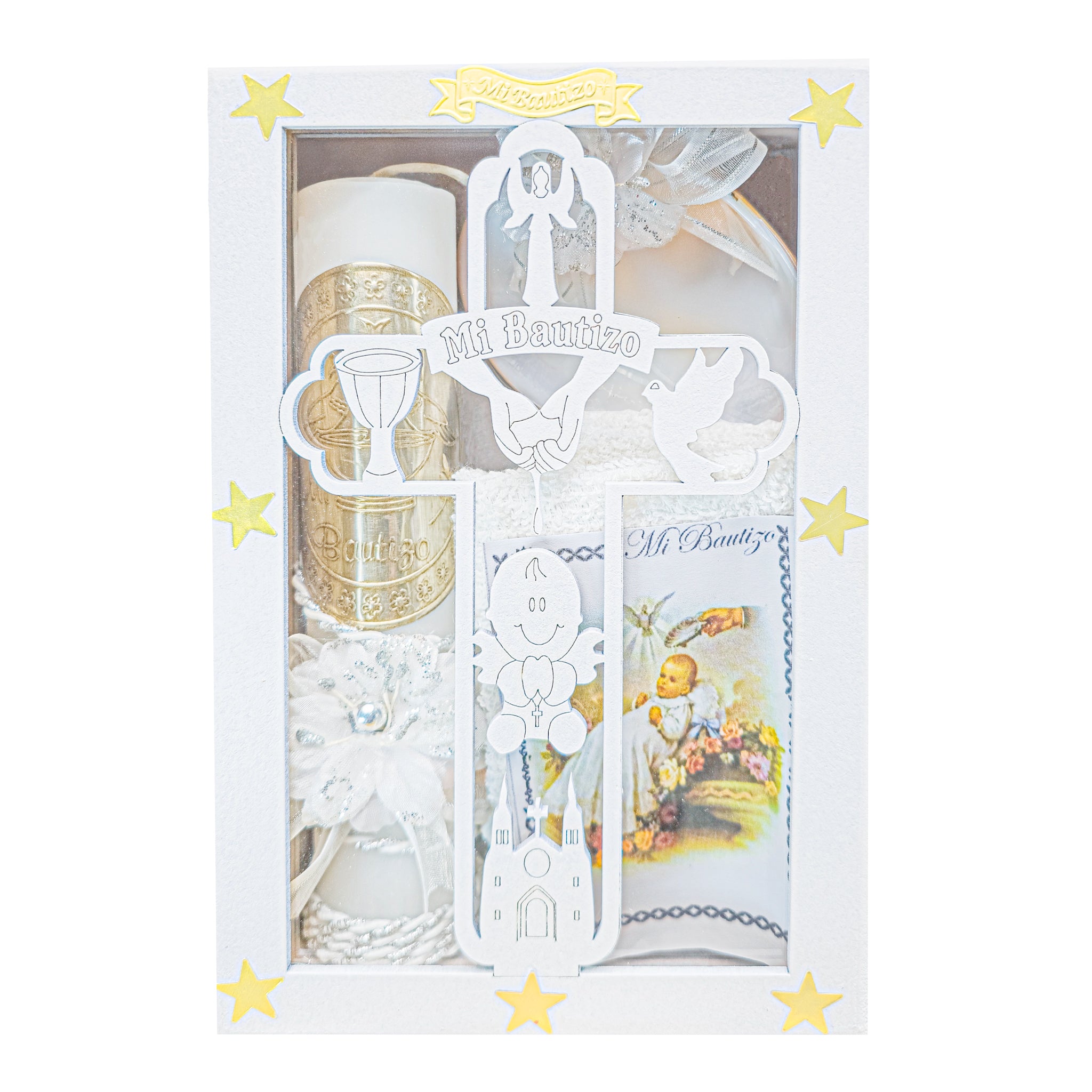 Kit de Vela Bautizo Cruz Madera Blanca