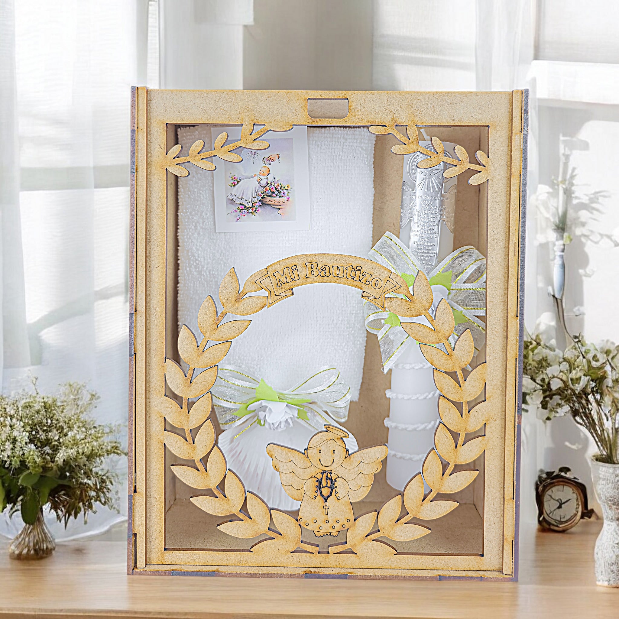 Kit de Vela Bautizo Cuadrada Ángel Plantas