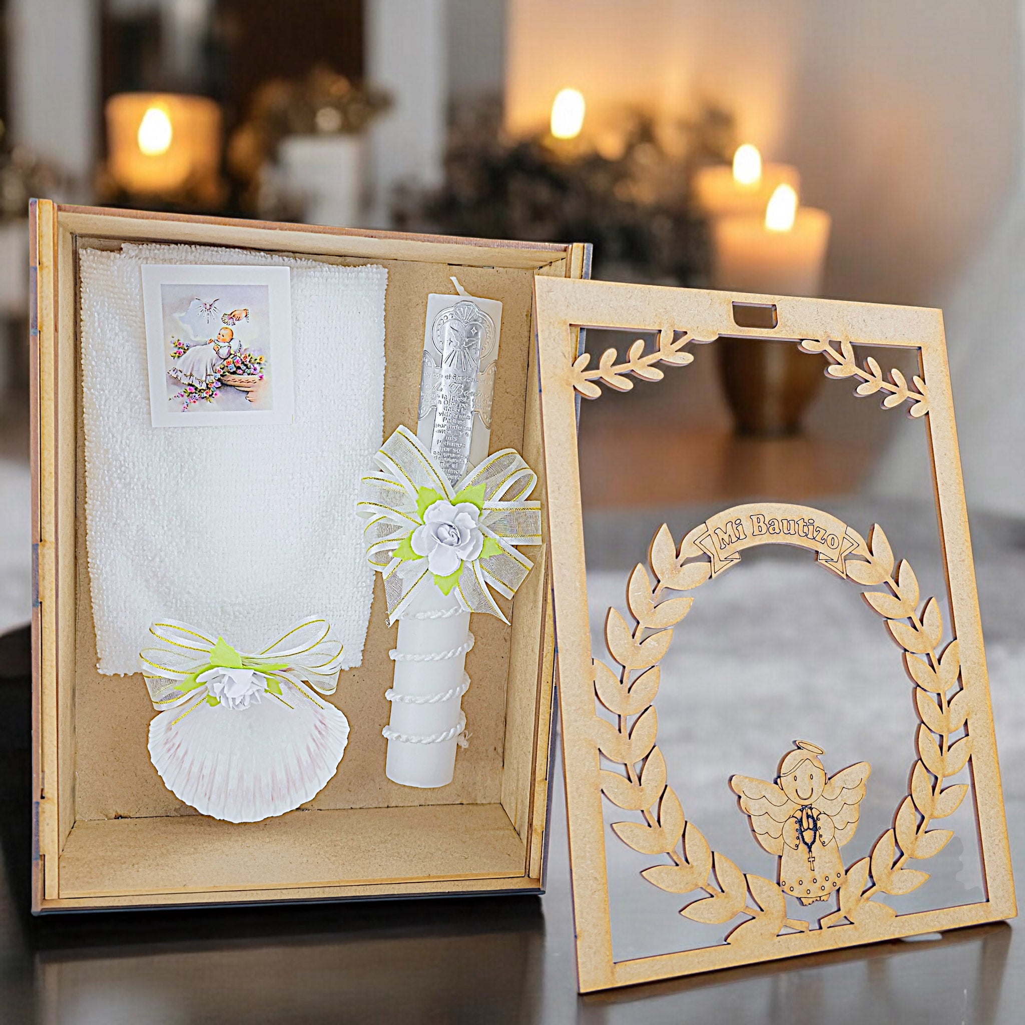Kit de Vela Bautizo Cuadrada Ángel Plantas