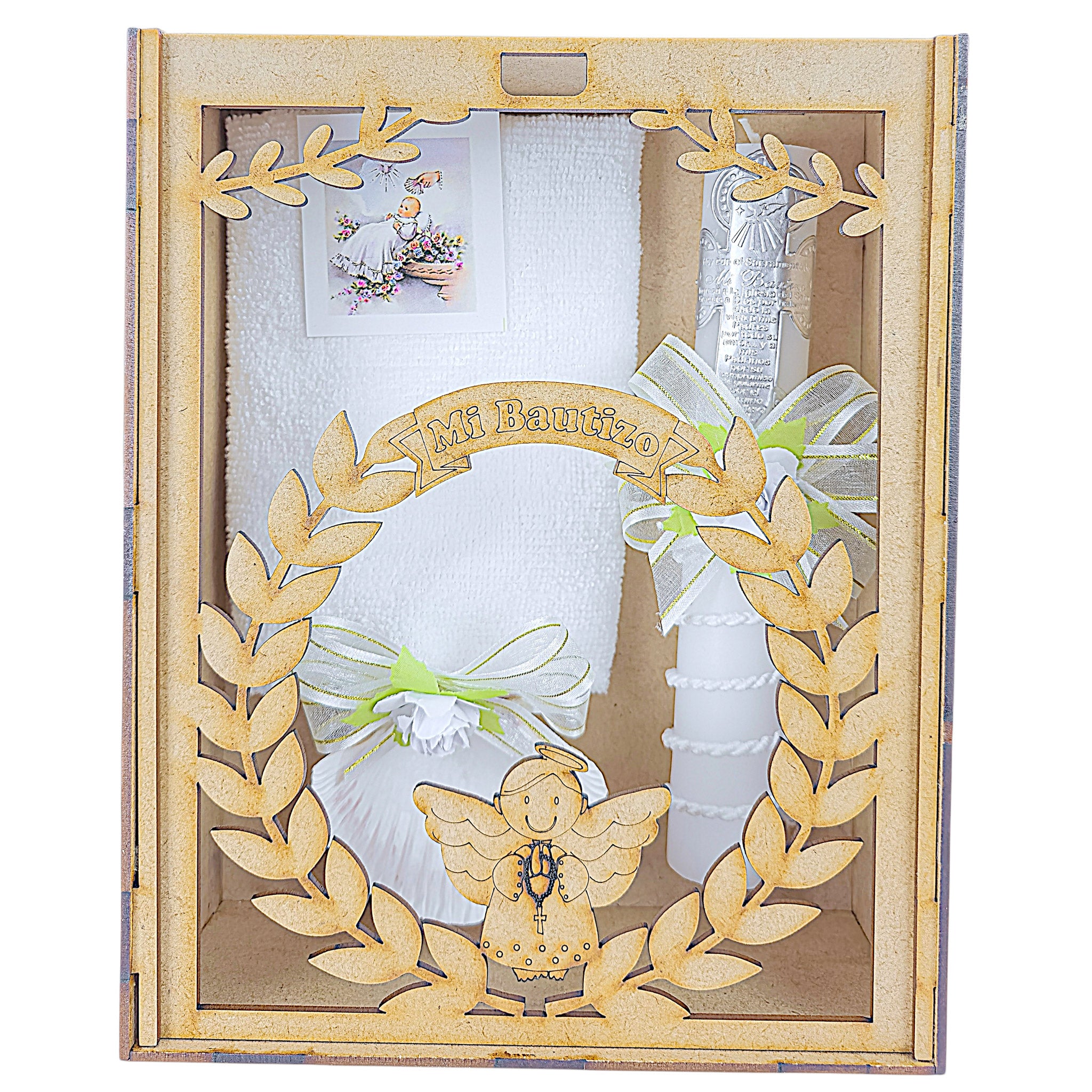 Kit de Vela Bautizo Cuadrada Ángel Plantas