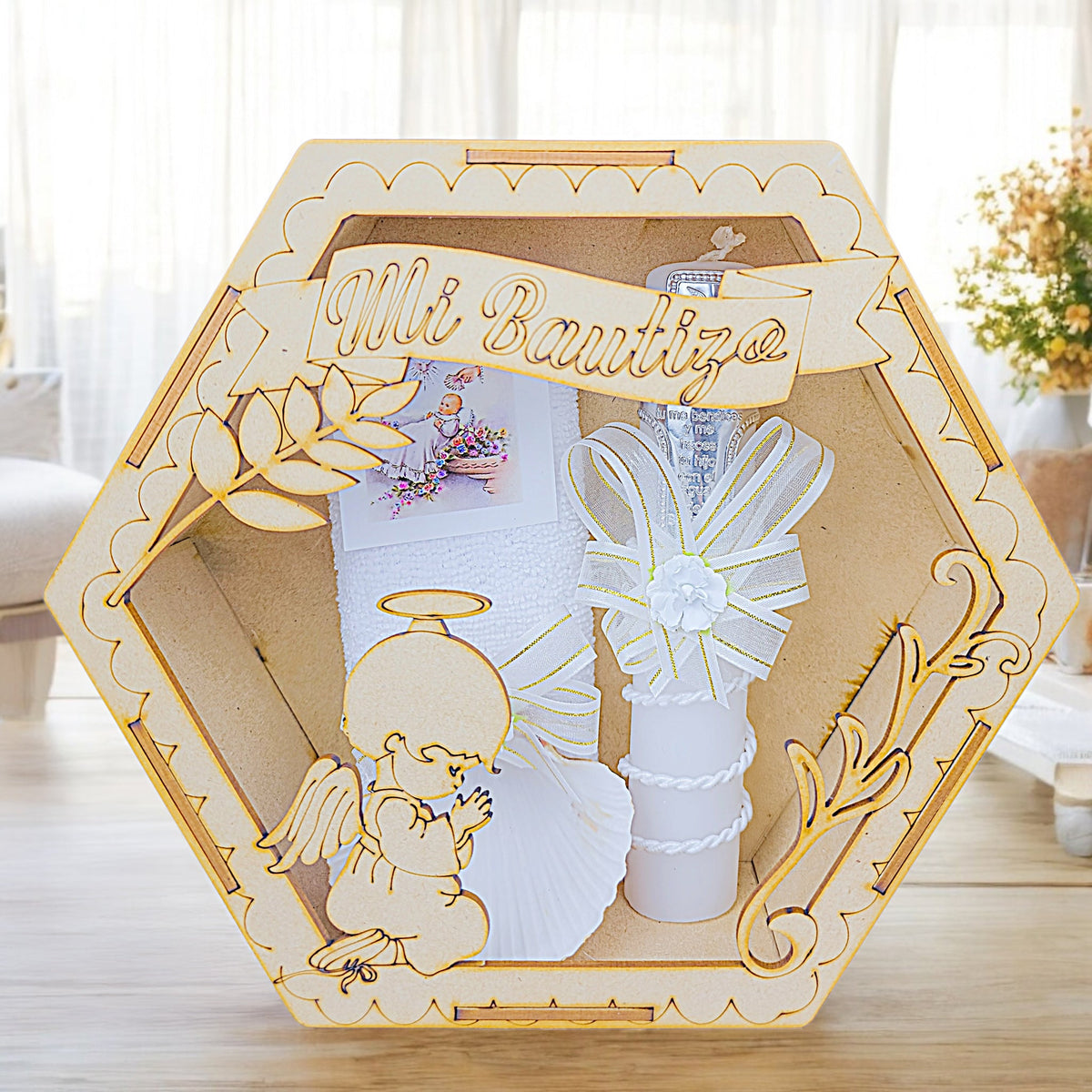Kit de vela de bautizo en caja hexagonal Mi Bautizo con ángel, blanco