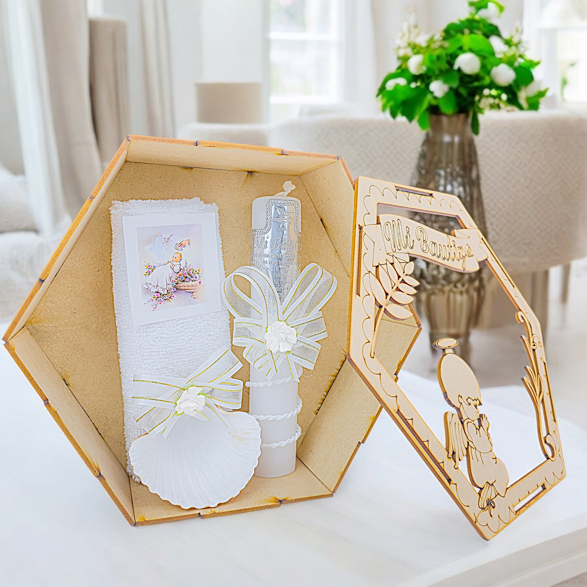 Kit de Vela Bautizo Hexagonal Ángel Plantas