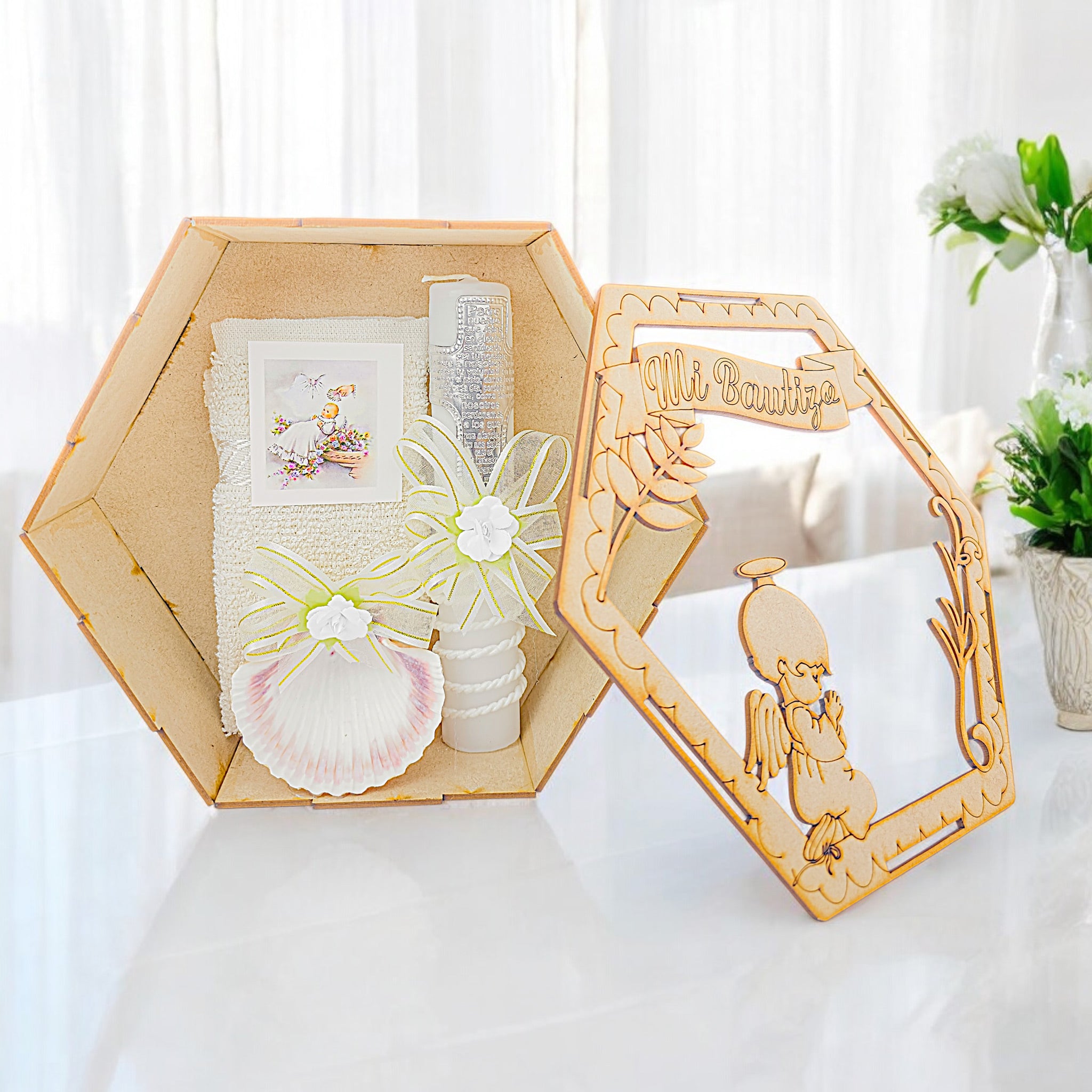 Kit de Vela Bautizo Hexagonal Ángel Plantas
