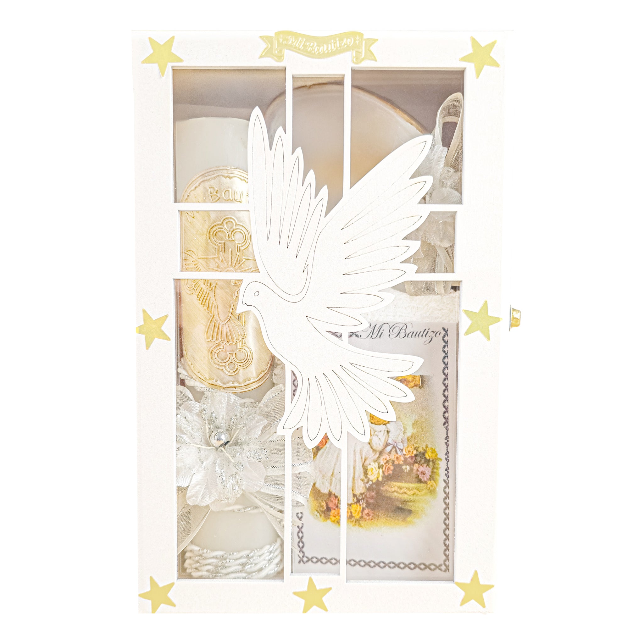 Kit de Vela Bautizo Paloma Madera Blanca