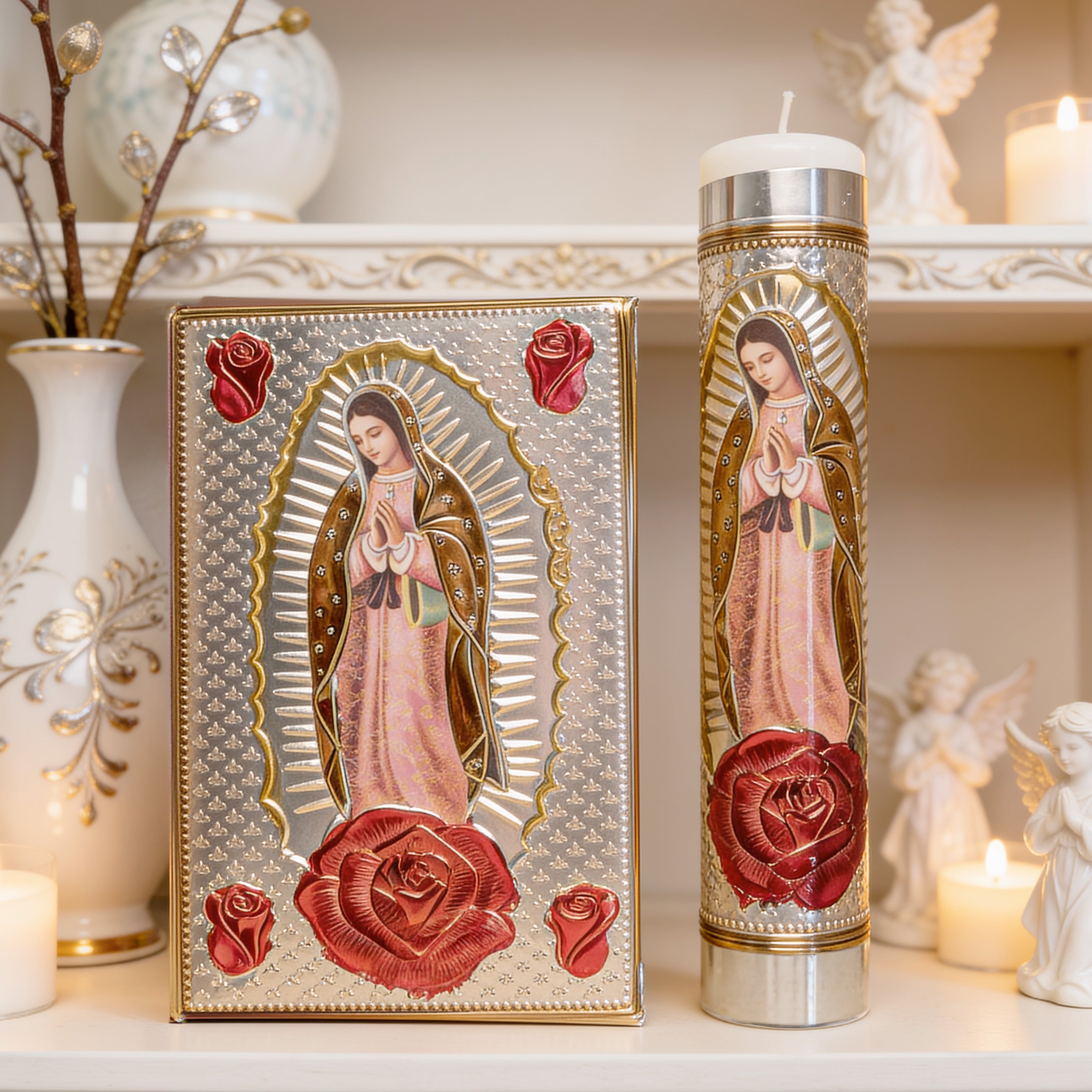 Kit de Vela Primera Comunión Caja Repujado Virgen Rosas