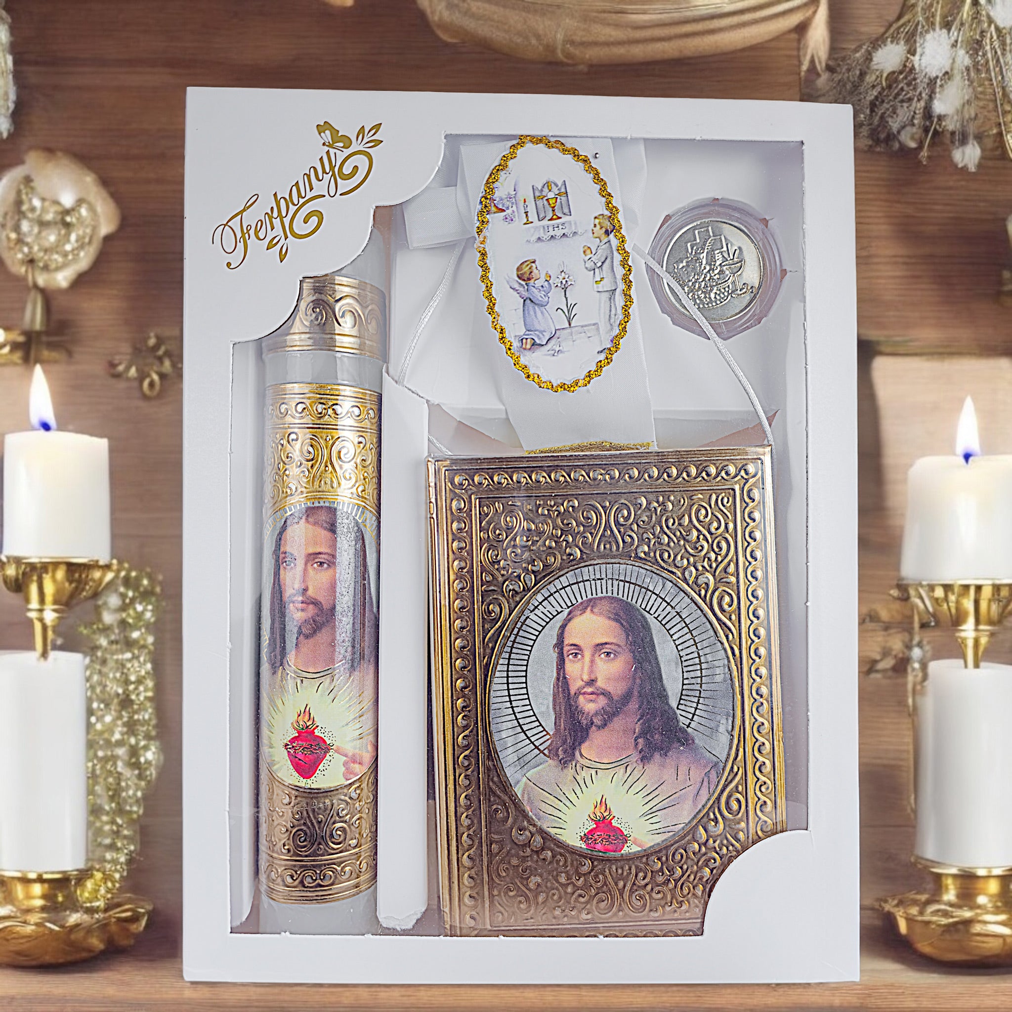 Kit de Vela Primera Comunión Repujado Sagrado Corazón Ovalo