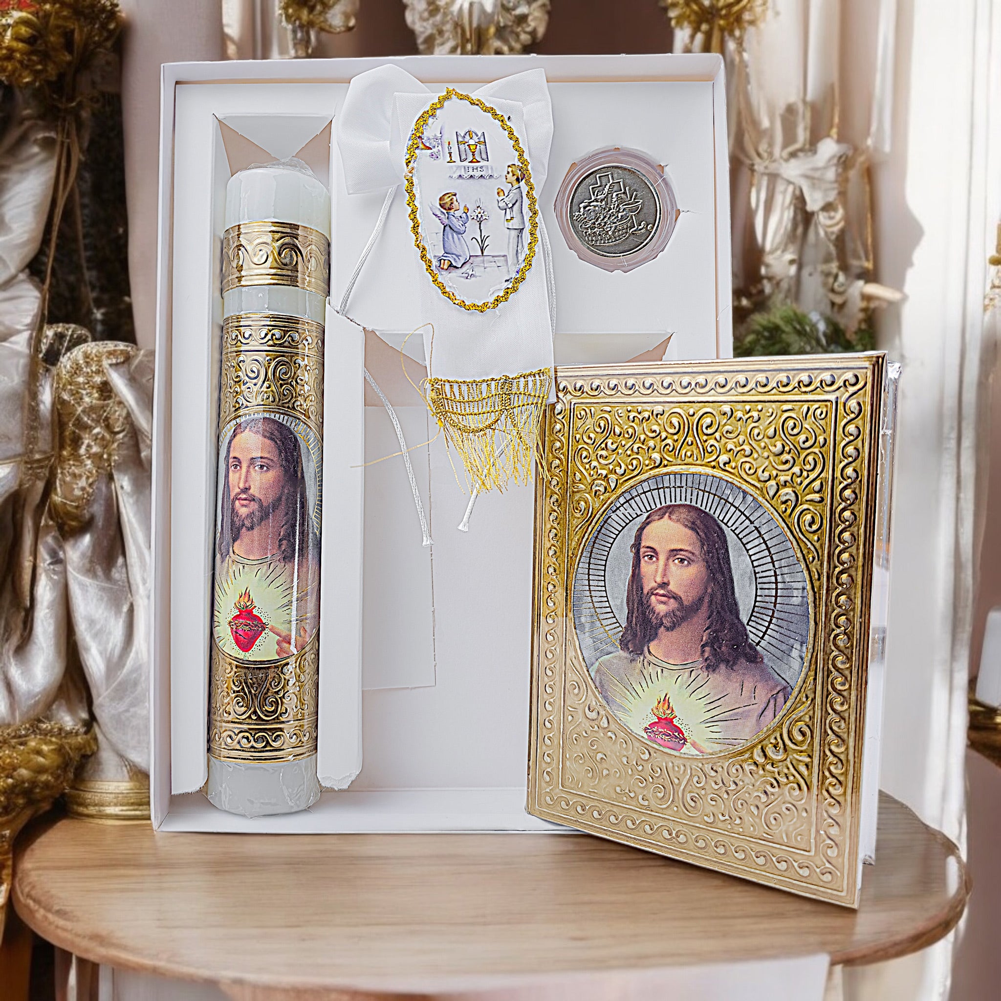 Kit de Vela Primera Comunión Repujado Sagrado Corazón Ovalo