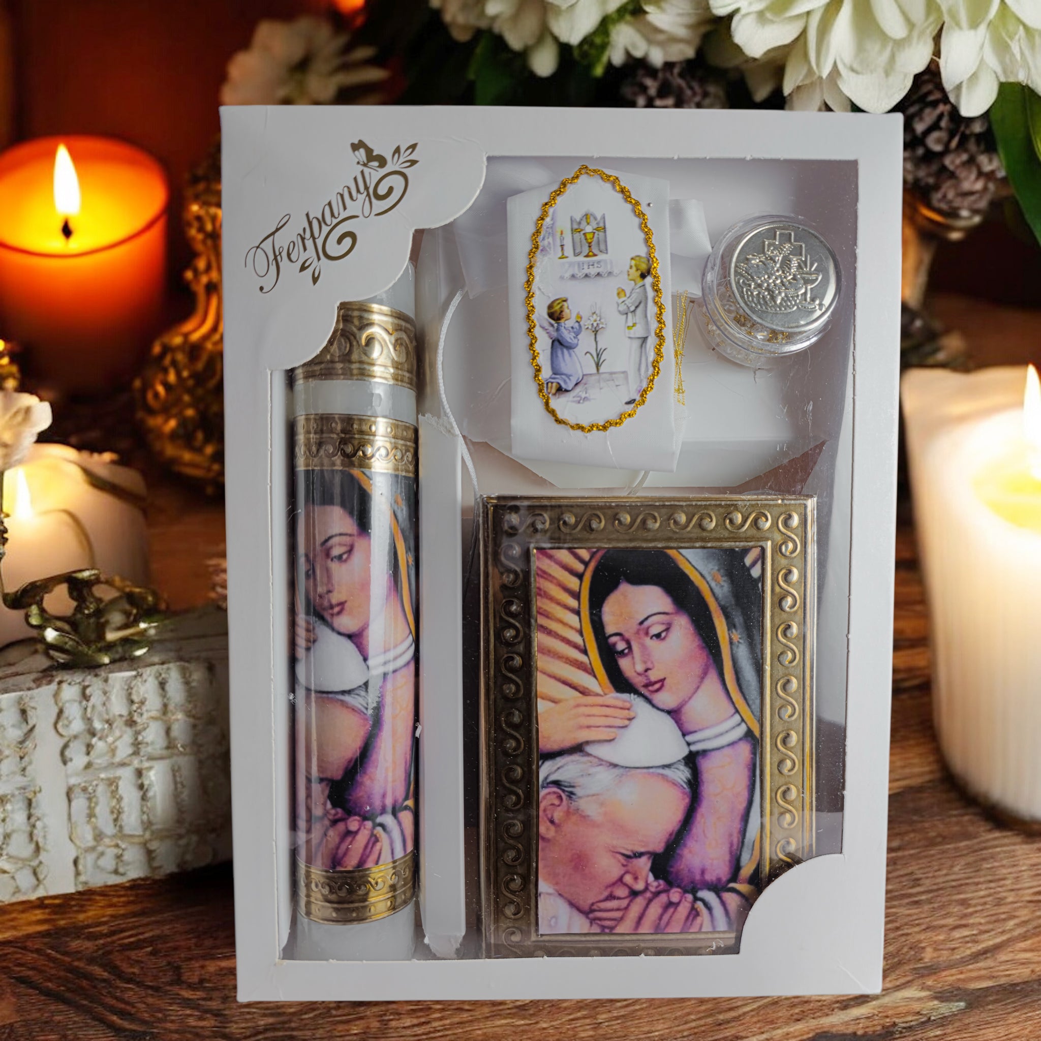 Kit de Vela Primera Comunión Repujado Virgen/Papa Marco