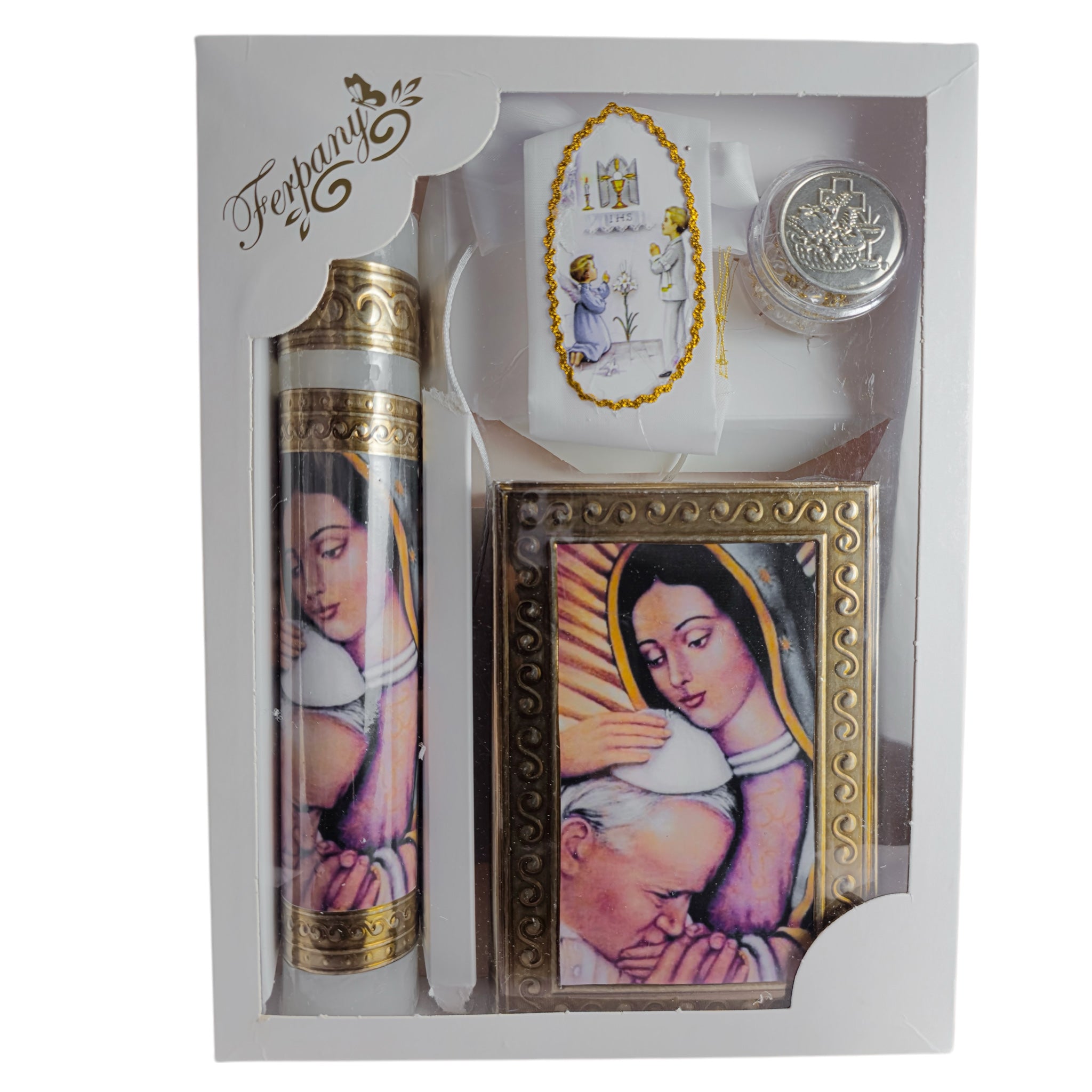 Kit de Vela Primera Comunión Repujado Virgen/Papa Marco