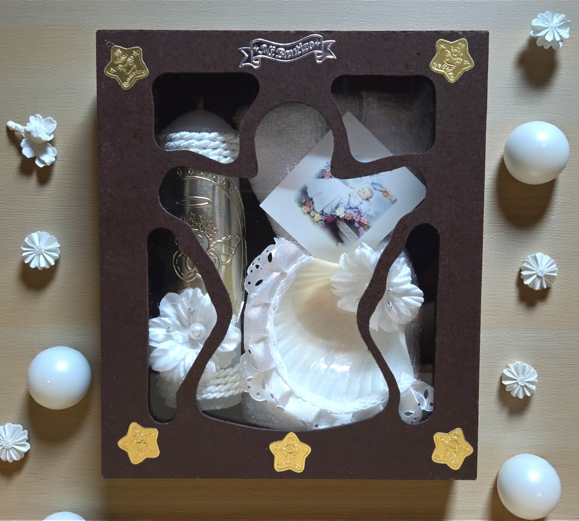 Kit de Vela Bautizo Angel Madera Oscura 02