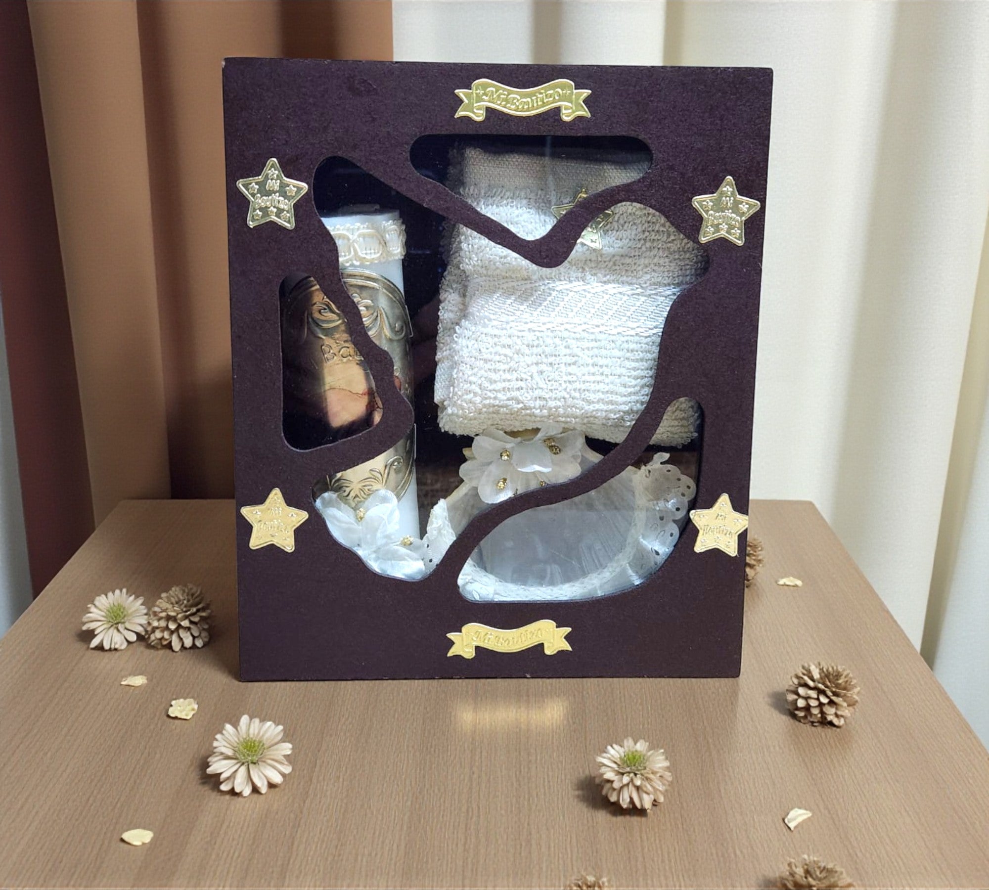 Kit de Vela Bautizo Paloma Madera Oscura 03