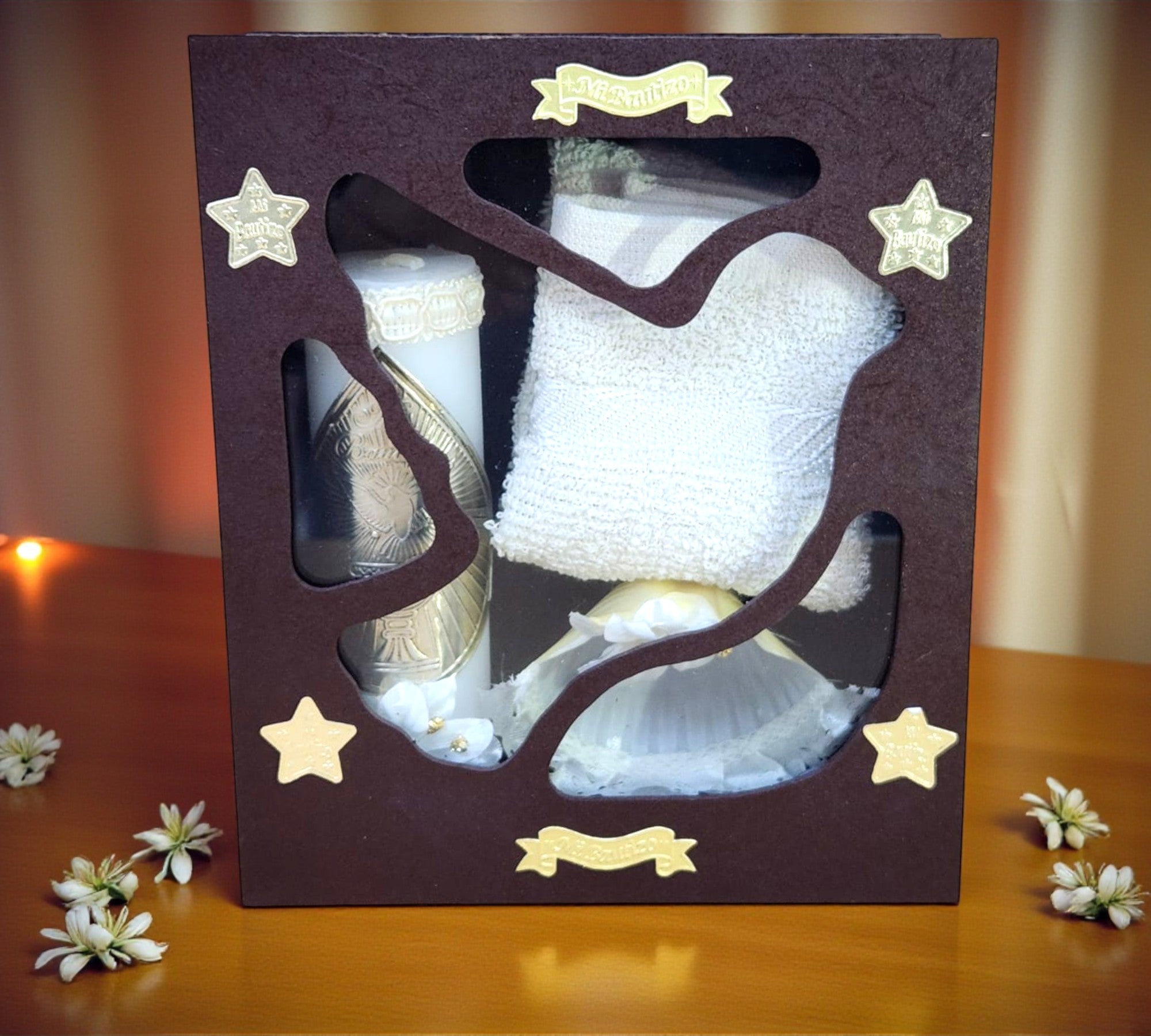 Kit de Vela Bautizo Paloma Madera Oscura 06