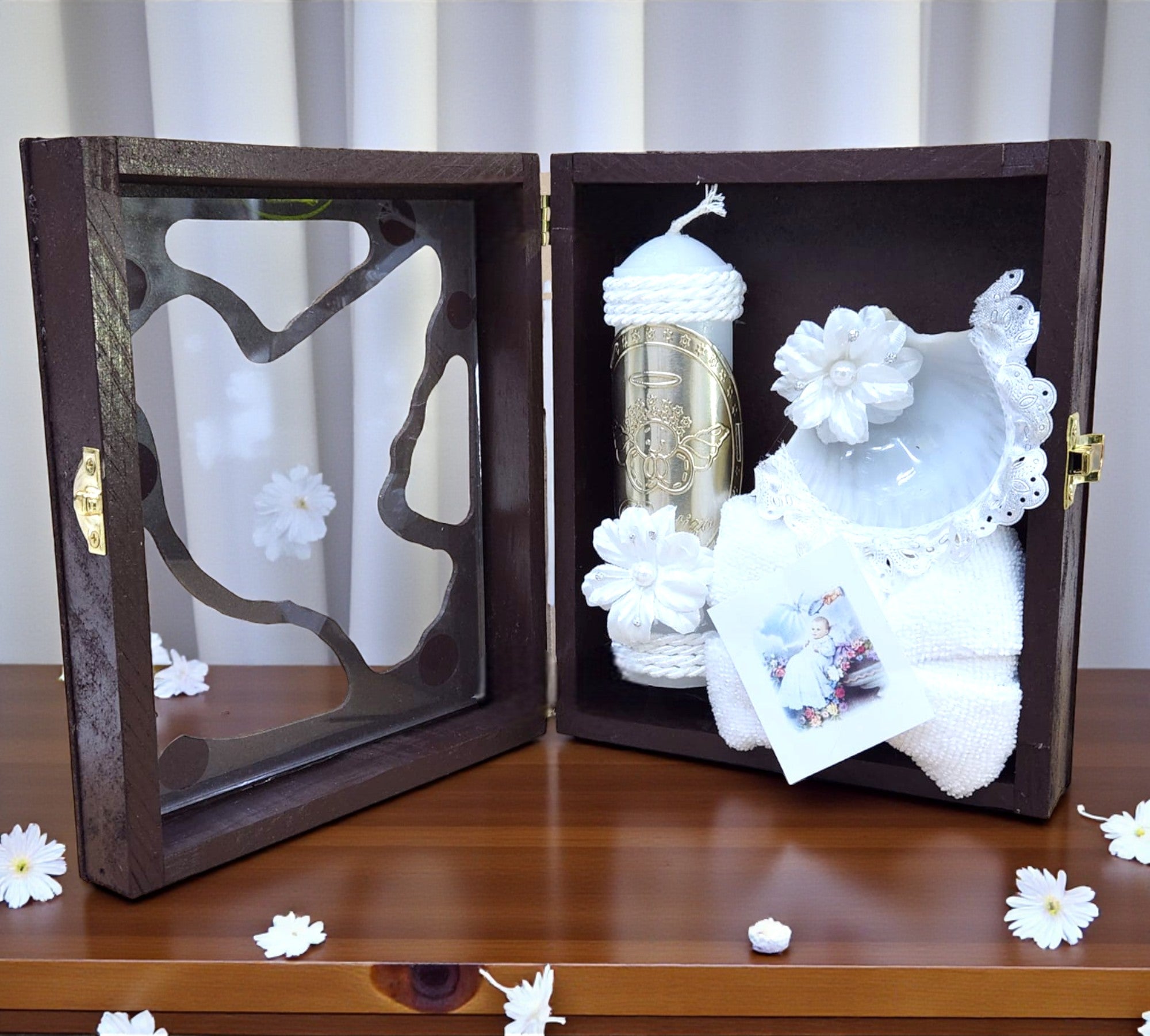 Kit de Vela Bautizo Paloma Madera Oscura 01