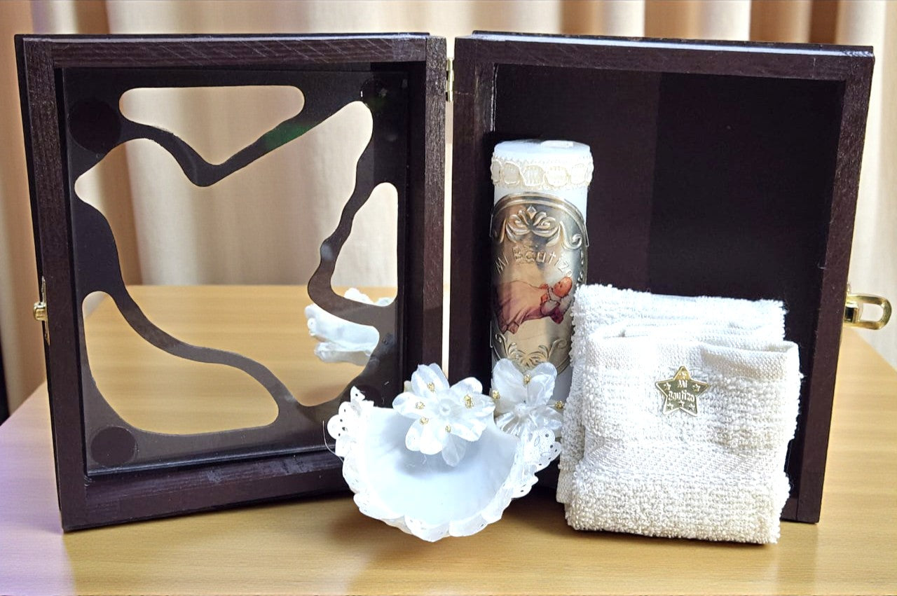 Kit de Vela Bautizo Paloma Madera Oscura 03