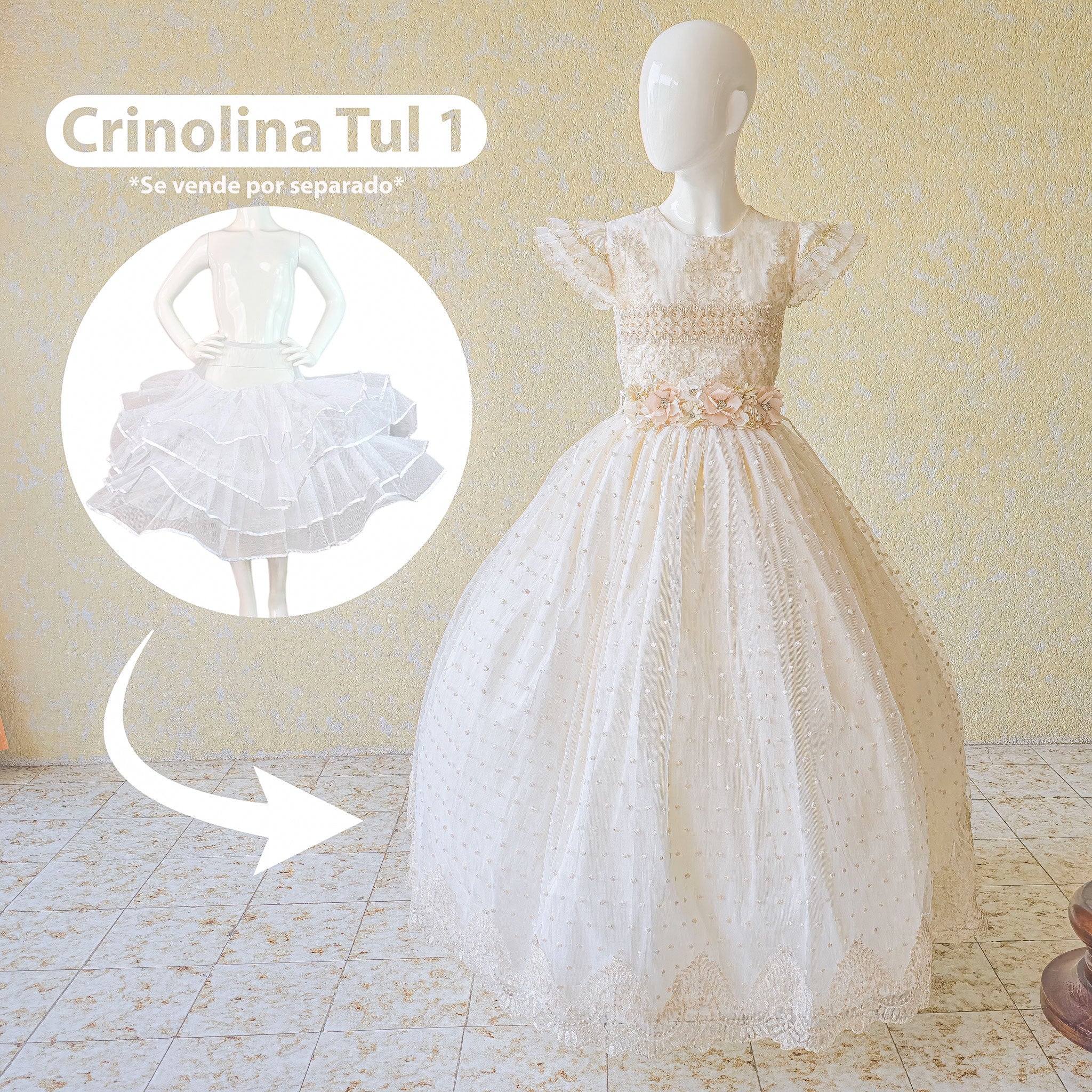 Vestido primera comunión de niña color beige modelo brisa foto 4