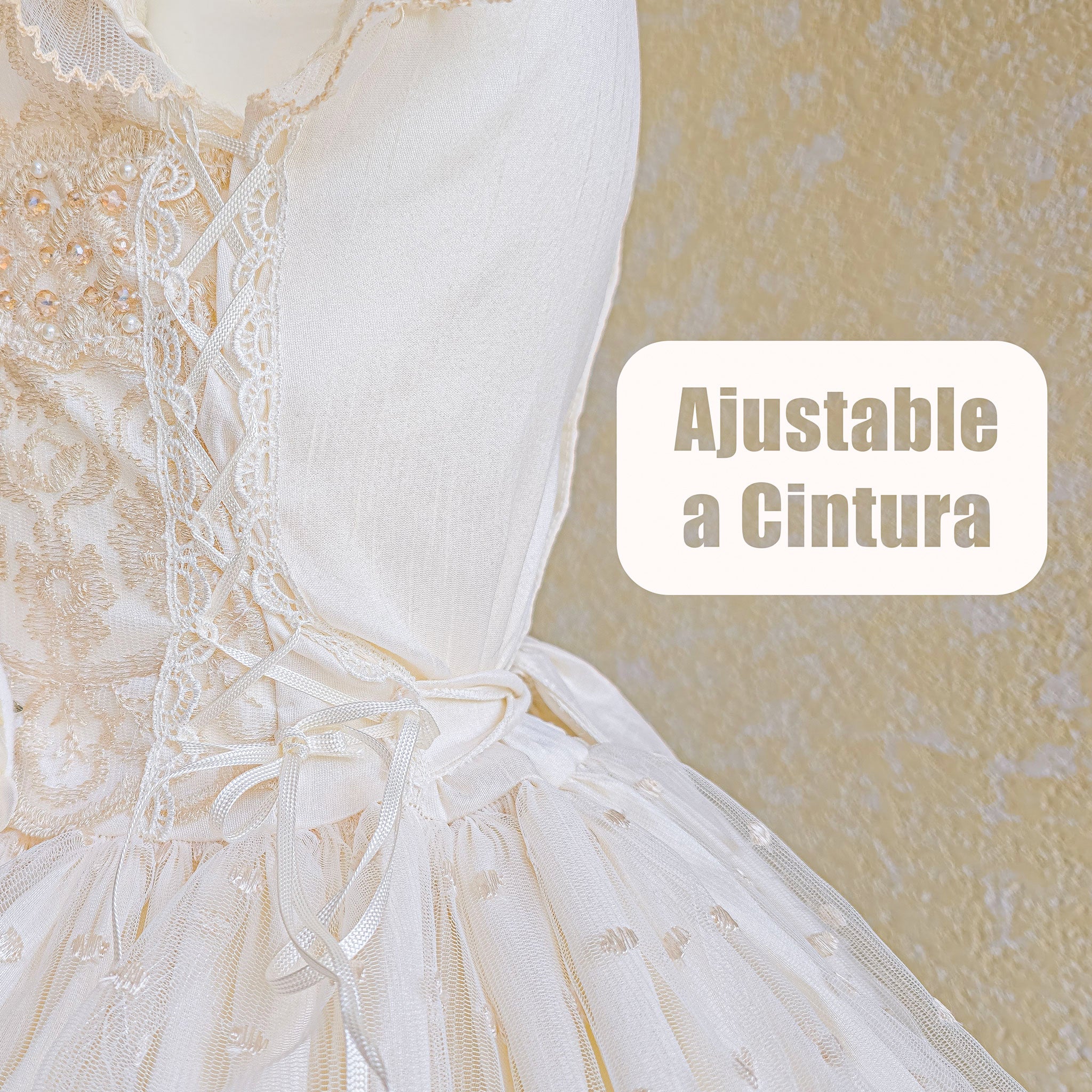 Vestido primera comunión de niña color beige modelo brisa foto 7 de lado en parte ajustable