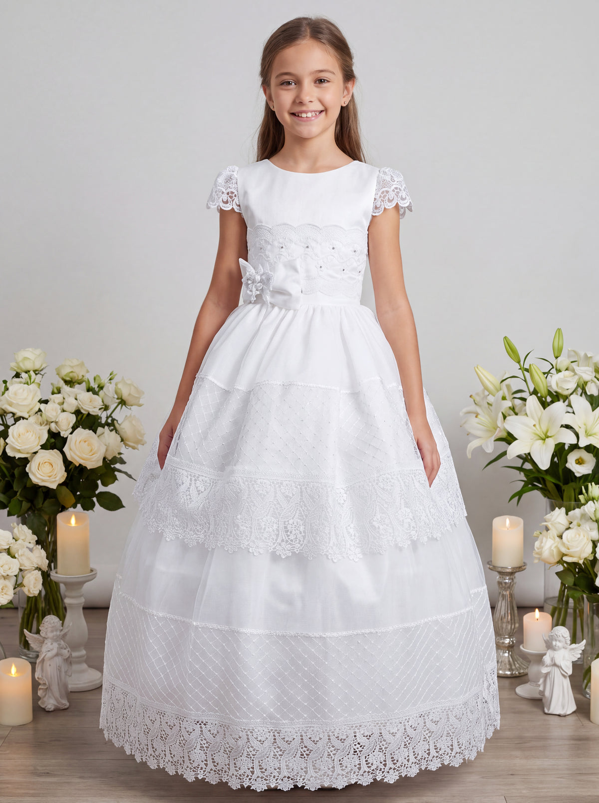 Vestido de Primera Comunión L-10 blanco, versión larga, vista de frente
