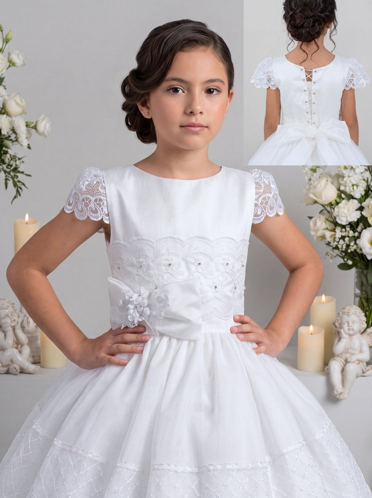 Vestido de Primera Comunión L-10 blanco, detalle de las mangas de encaje y espalda con agujetas tipo corsé