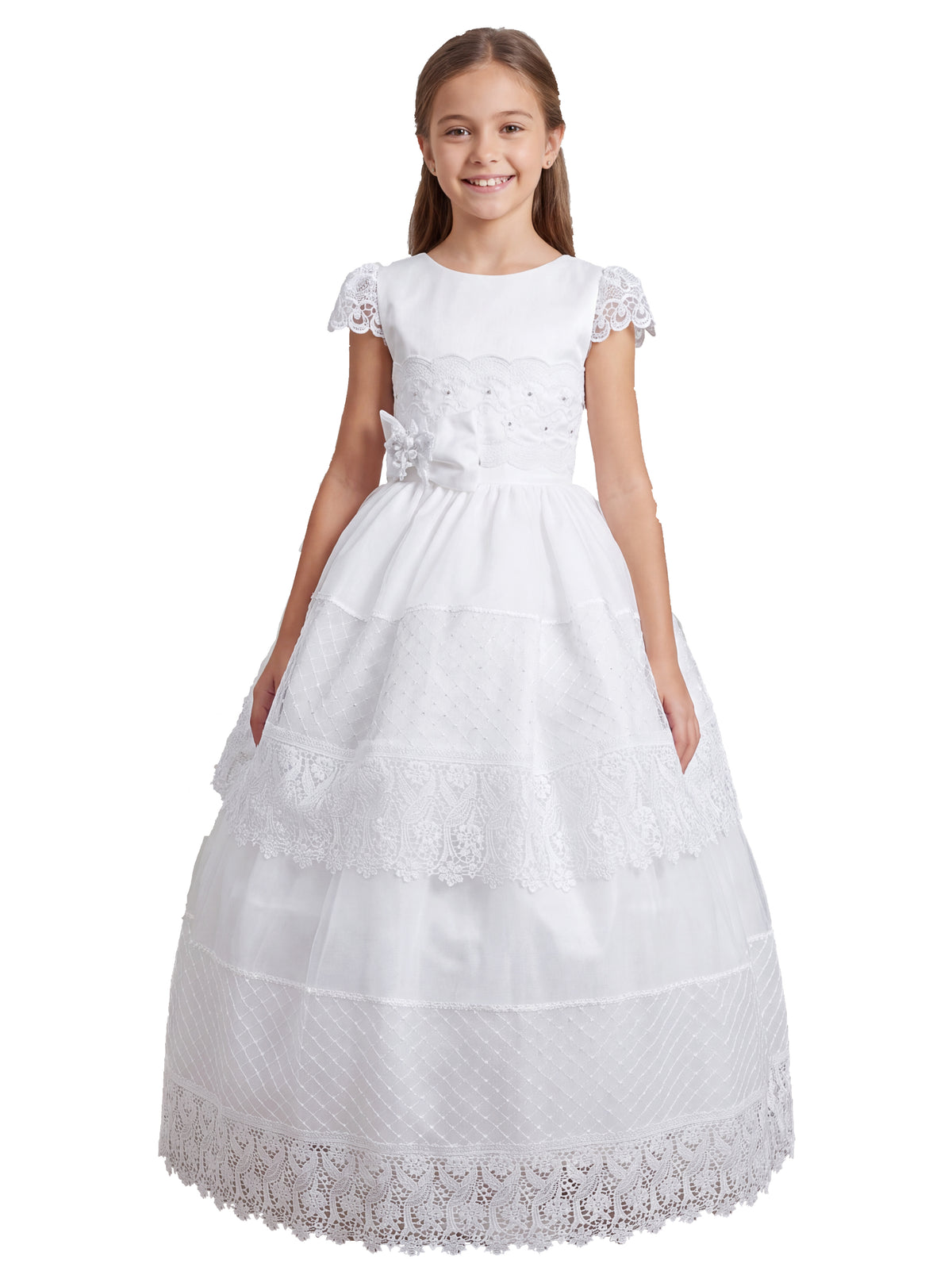 Vestido de Primera Comunión L-10 blanco, versión larga, fondo blanco AMAZON-BLANCO