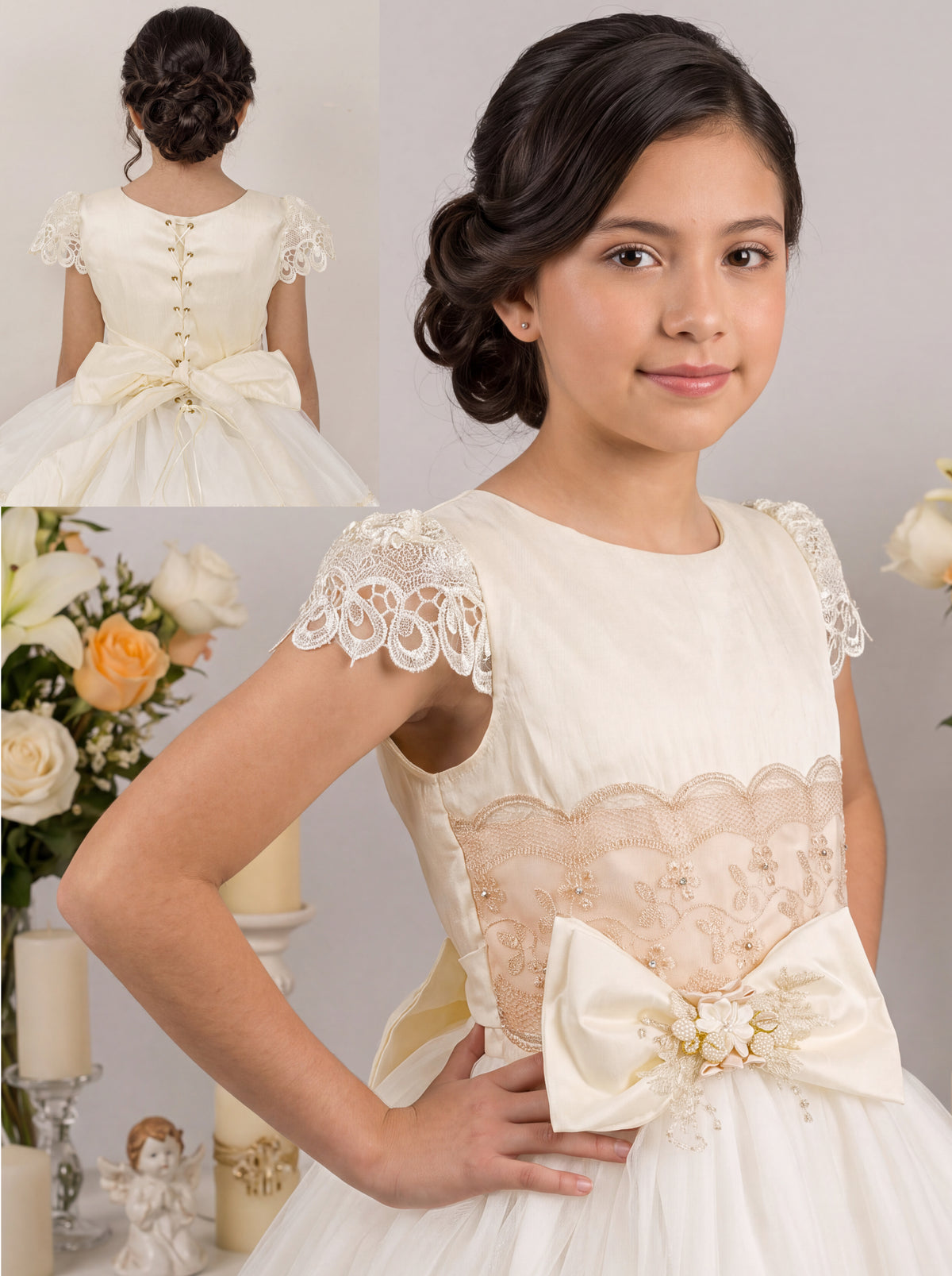Vestido de Primera Comunión L-10 hueso, detalle de las mangas de encaje y espalda con agujetas tipo corsé