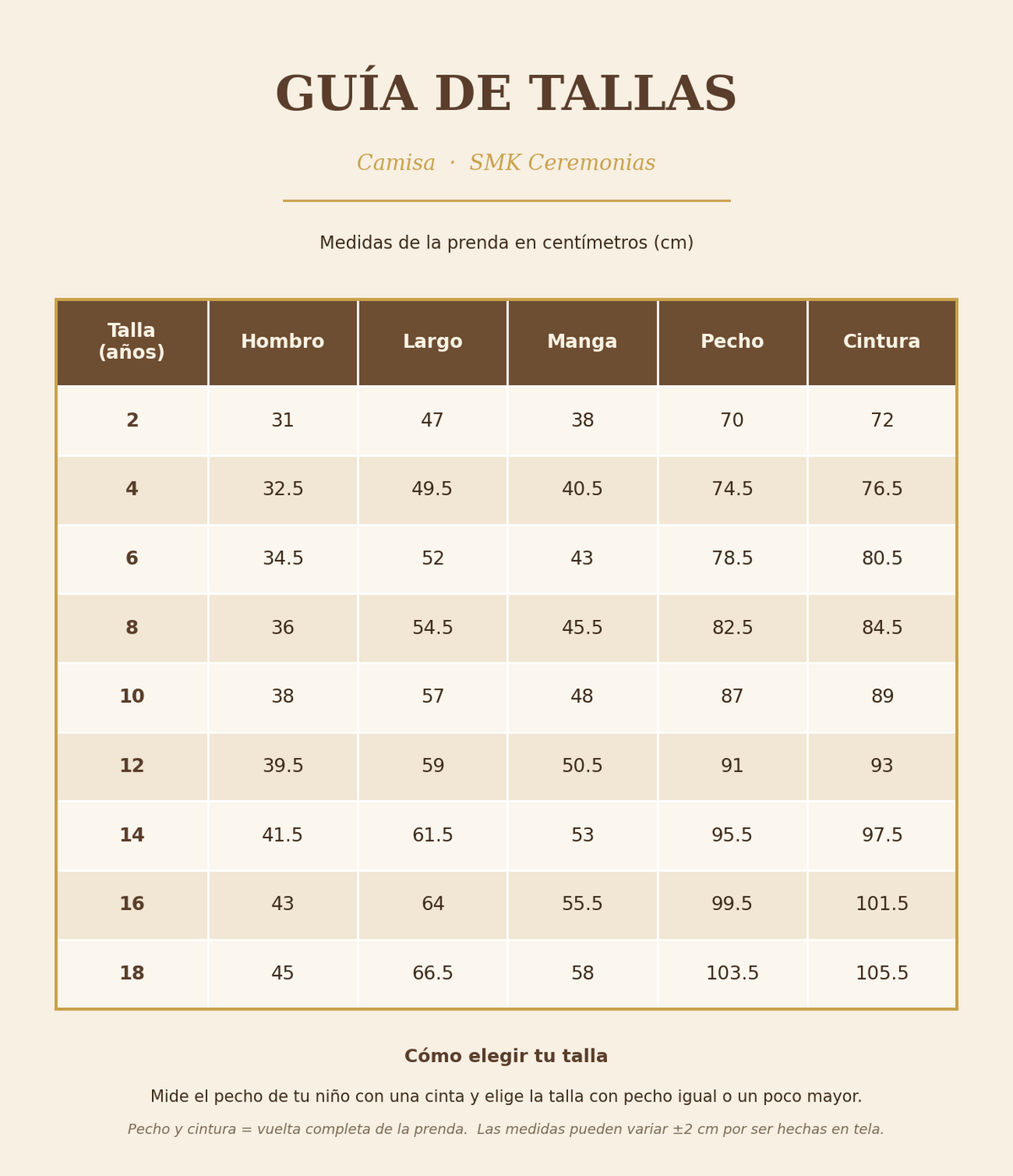 Guía de tallas SMK Ceremonias