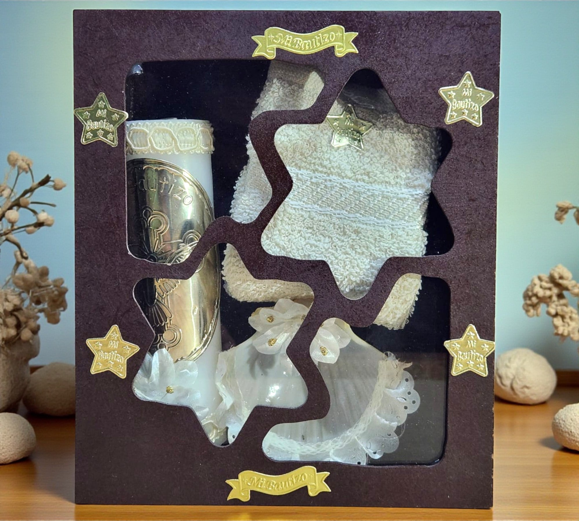 Kit de Vela Bautizo Estrella Madera Oscura 01
