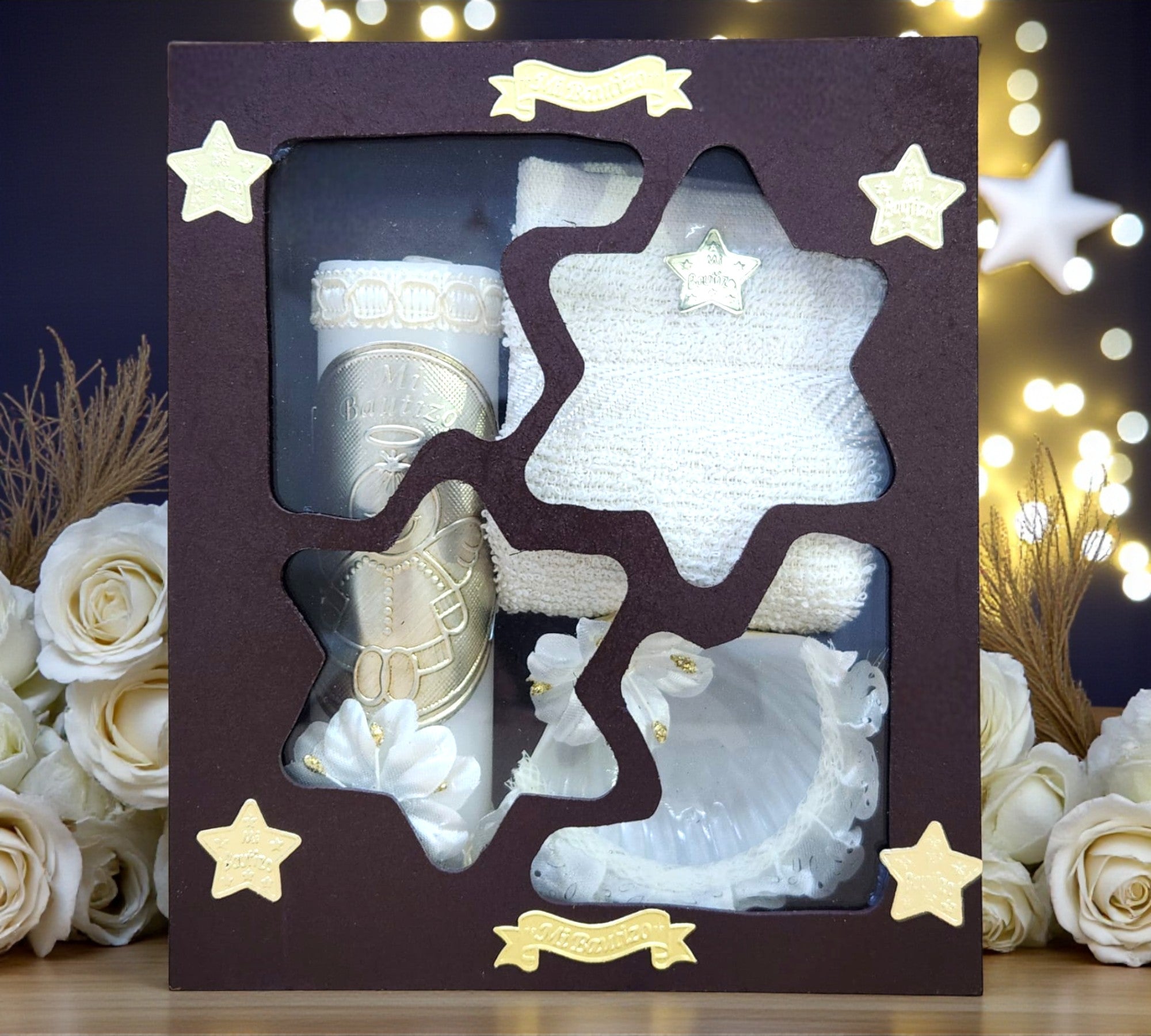 Kit de Vela Bautizo Estrella Madera Oscura 02
