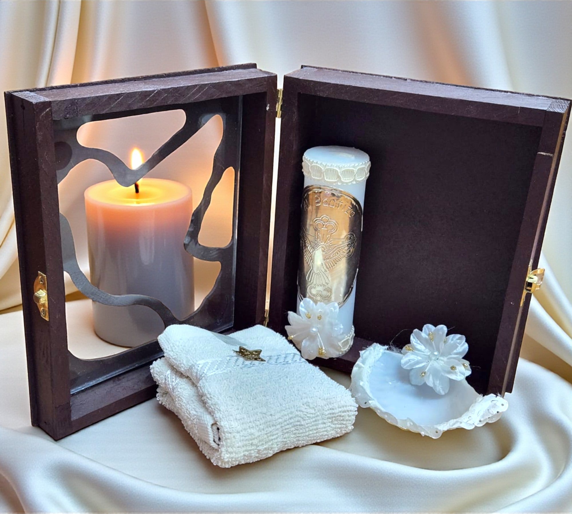 Kit de Vela Bautizo Paloma Madera Oscura 05