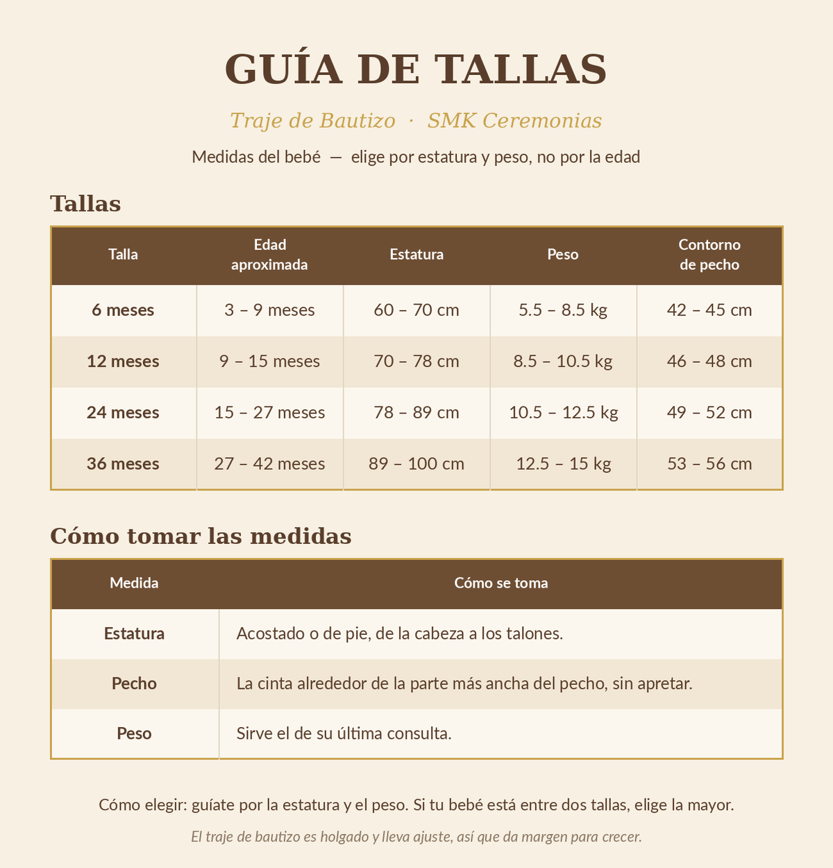 Guía de tallas SMK Ceremonias