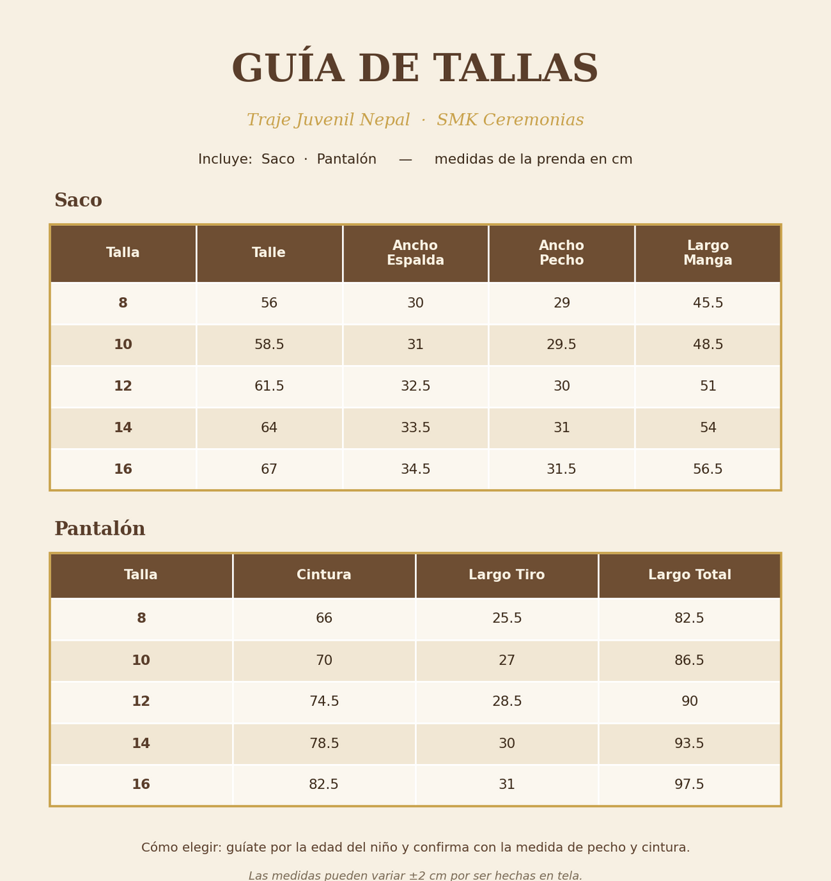 Guía de tallas SMK Ceremonias