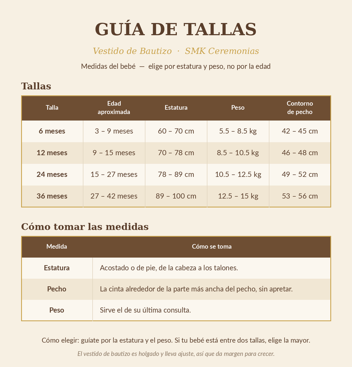 Guía de tallas SMK Ceremonias
