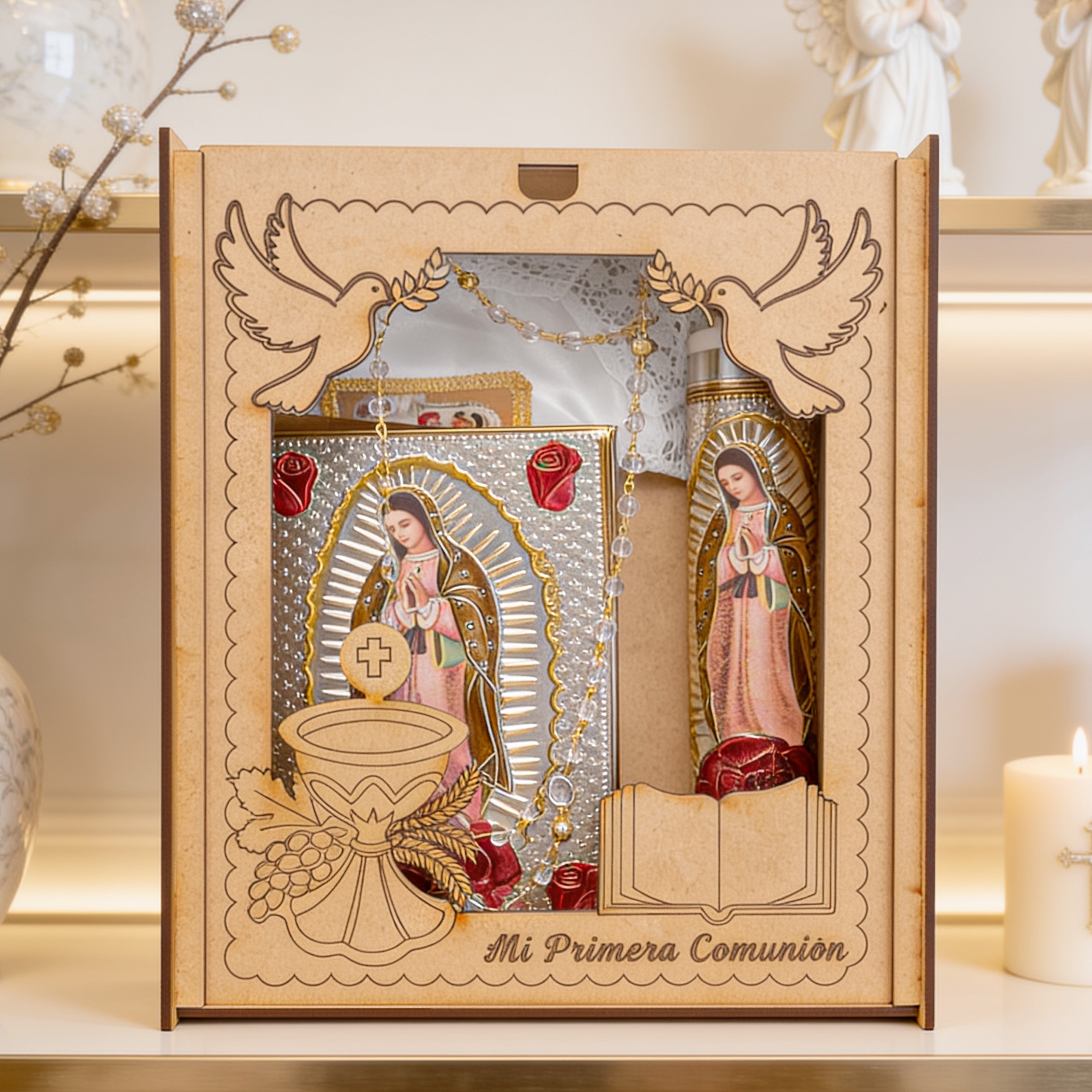 Kit de Vela Primera Comunión Caja Repujado Virgen Rosas