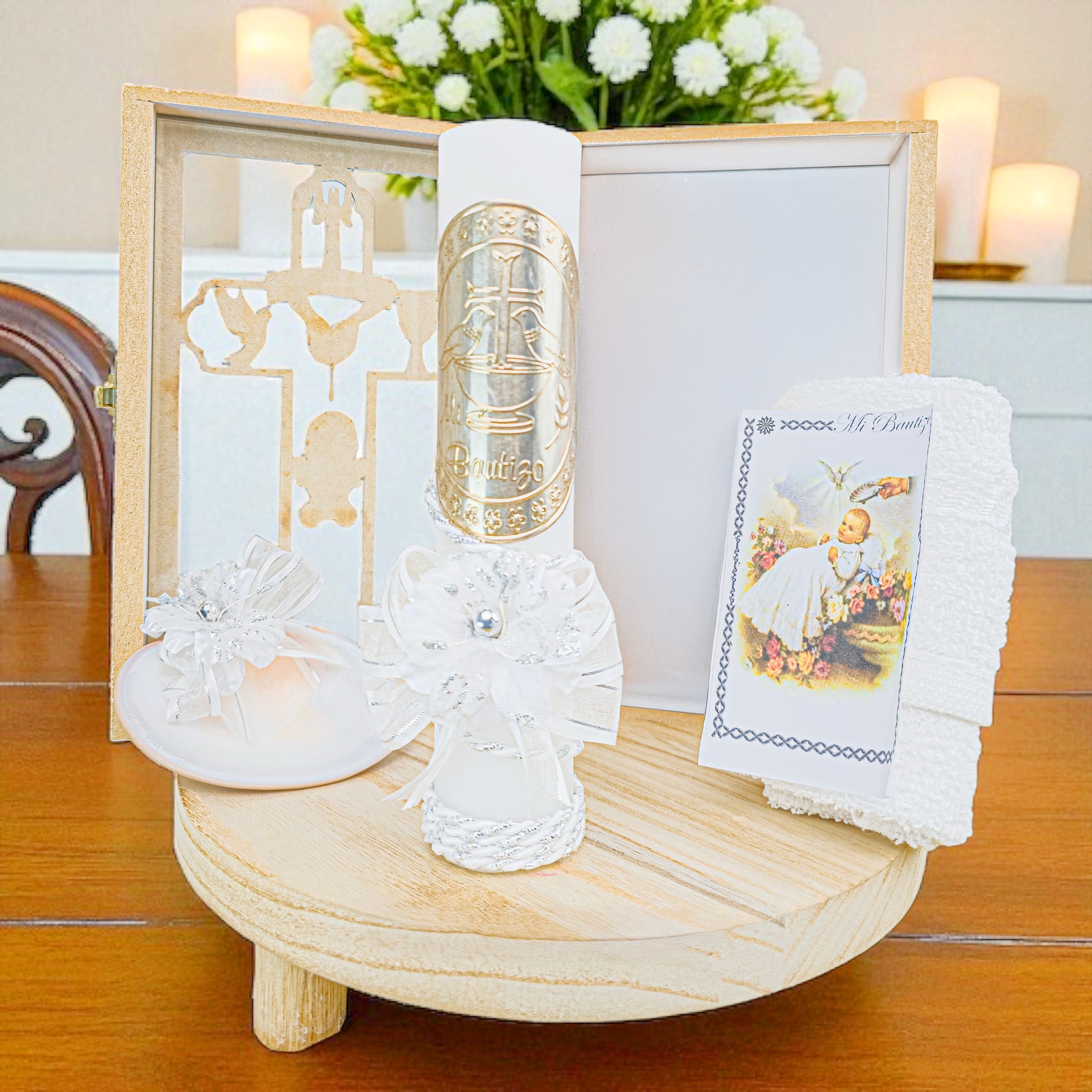 Kit de Vela Bautizo Cruz Madera Blanca
