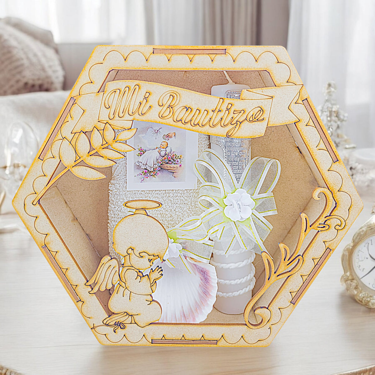 Kit de vela de bautizo en caja hexagonal Mi Bautizo con ángel, hueso