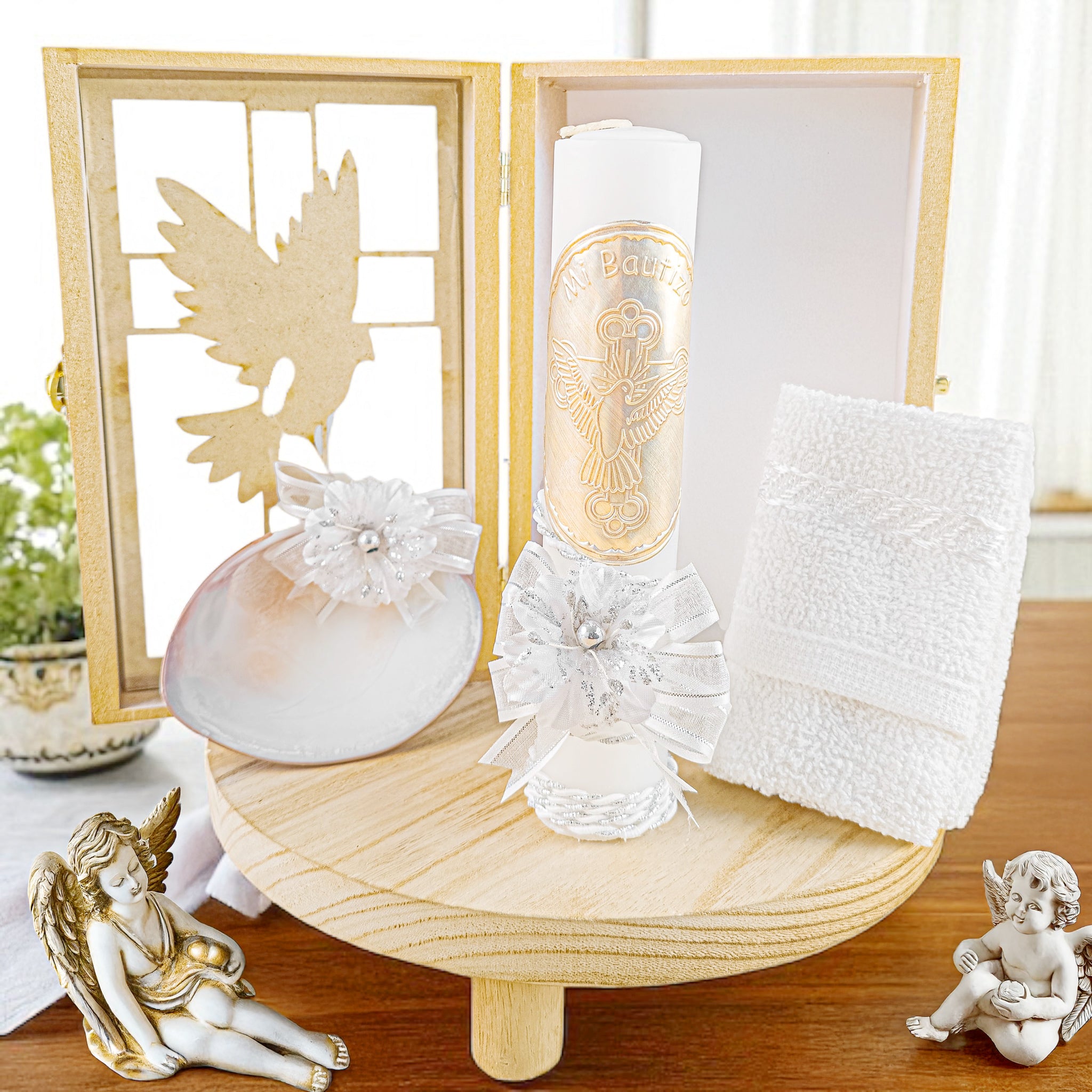 Kit de Vela Bautizo Paloma Madera Blanca