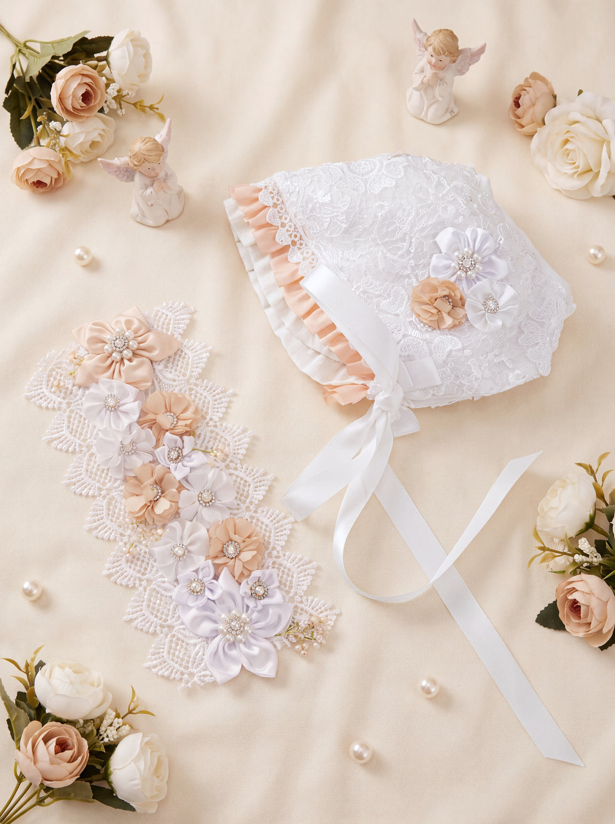 Capota y diadema del ropón de bautizo desmontable color blanco con blush