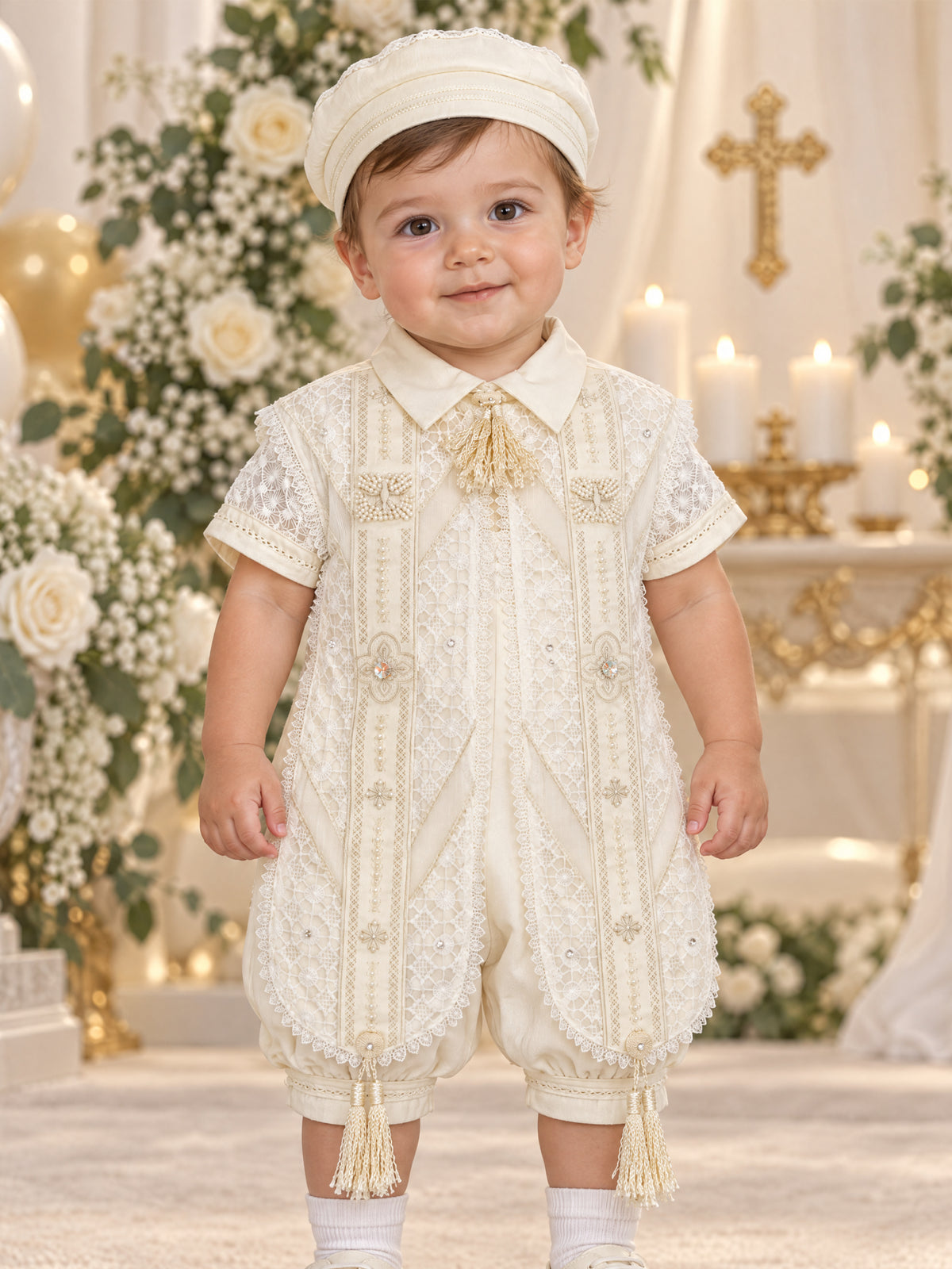 Bebé con traje de bautizo Ramón hueso y gorro, de pie, vista completa