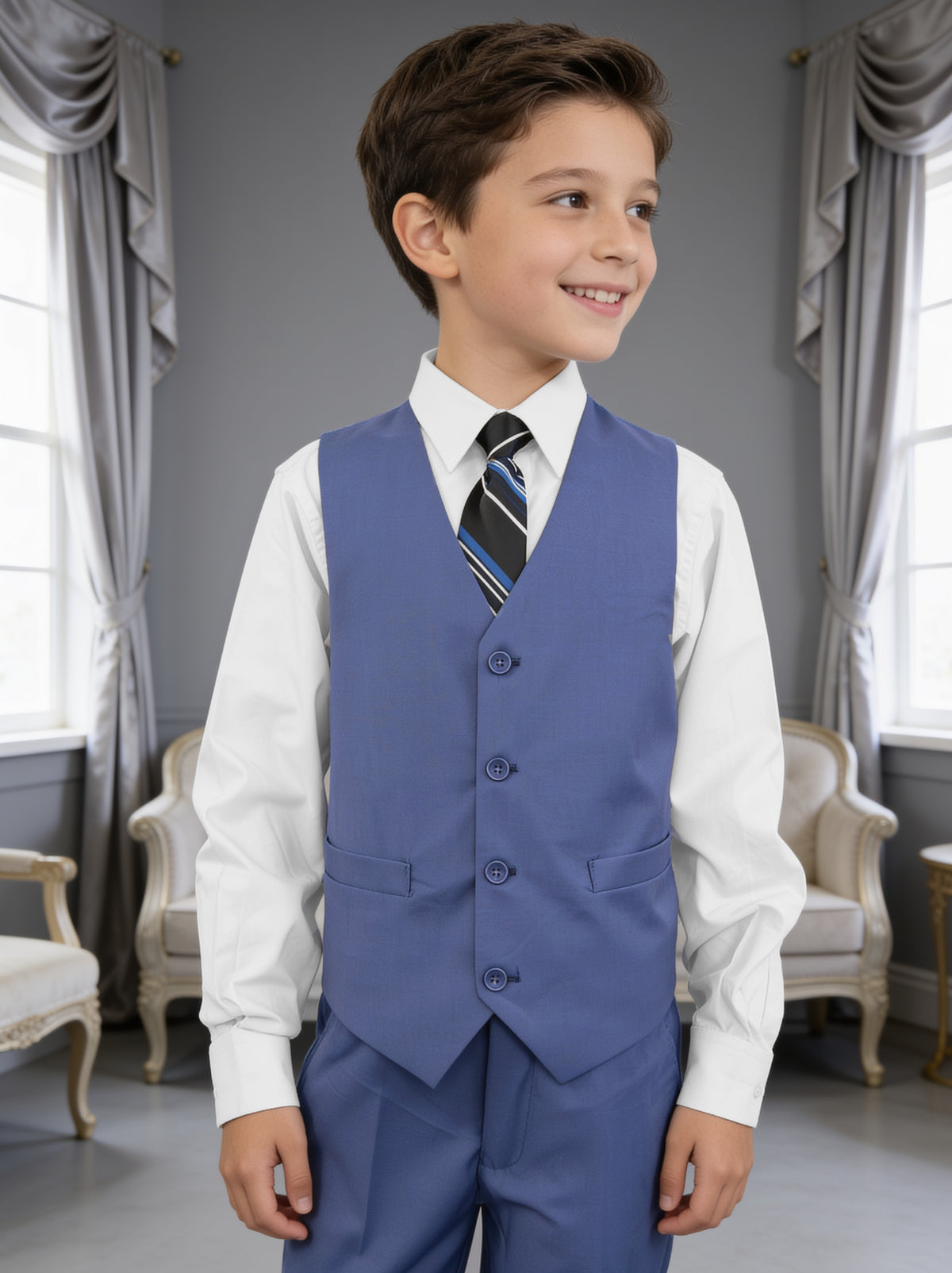Traje juvenil Dalí azul: chaleco y pantalón, sin el saco