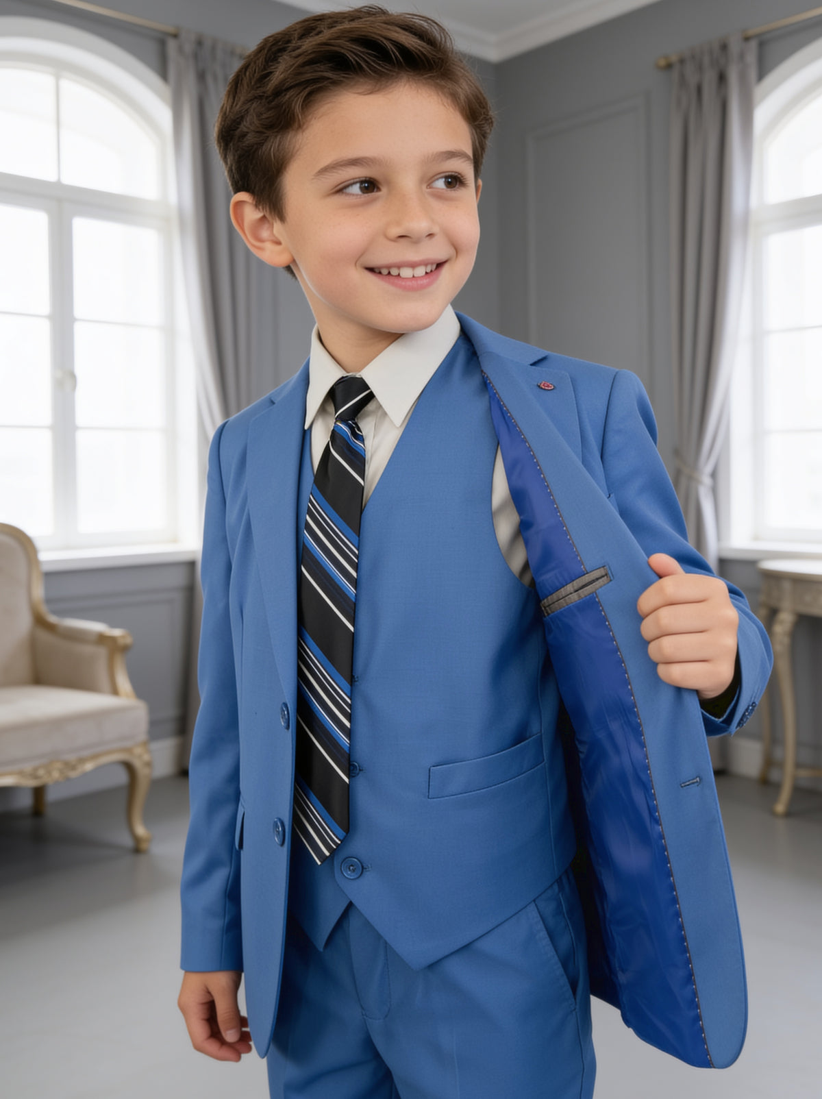 Traje juvenil Dalí índigo con el saco abierto, deja ver el chaleco