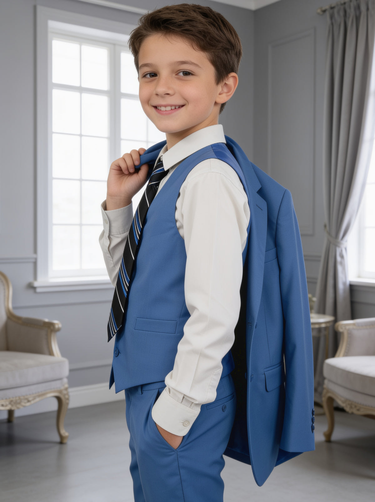 Traje juvenil Dalí índigo con el saco al hombro