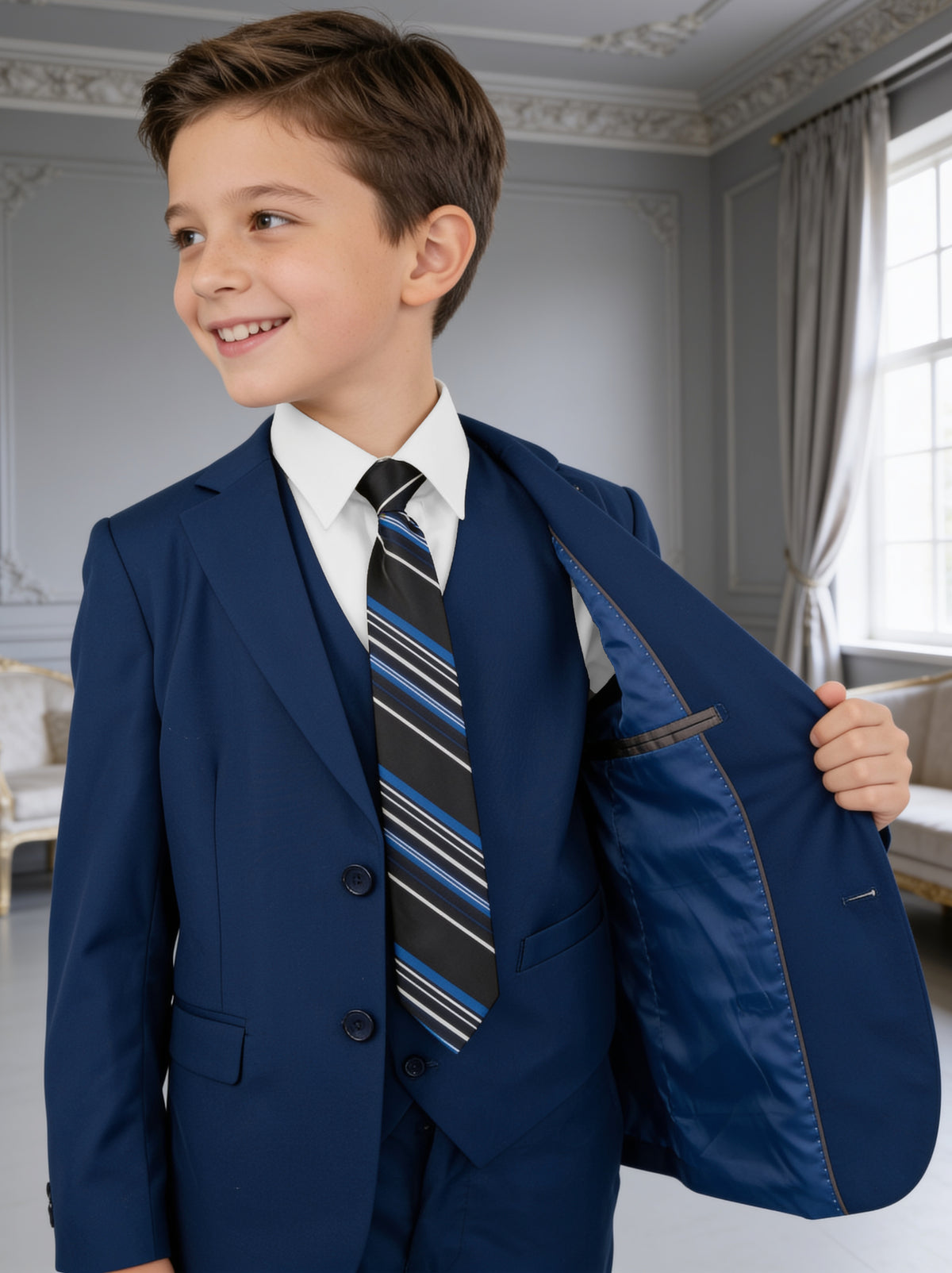 Traje juvenil Dalí rey con el saco abierto, deja ver el chaleco