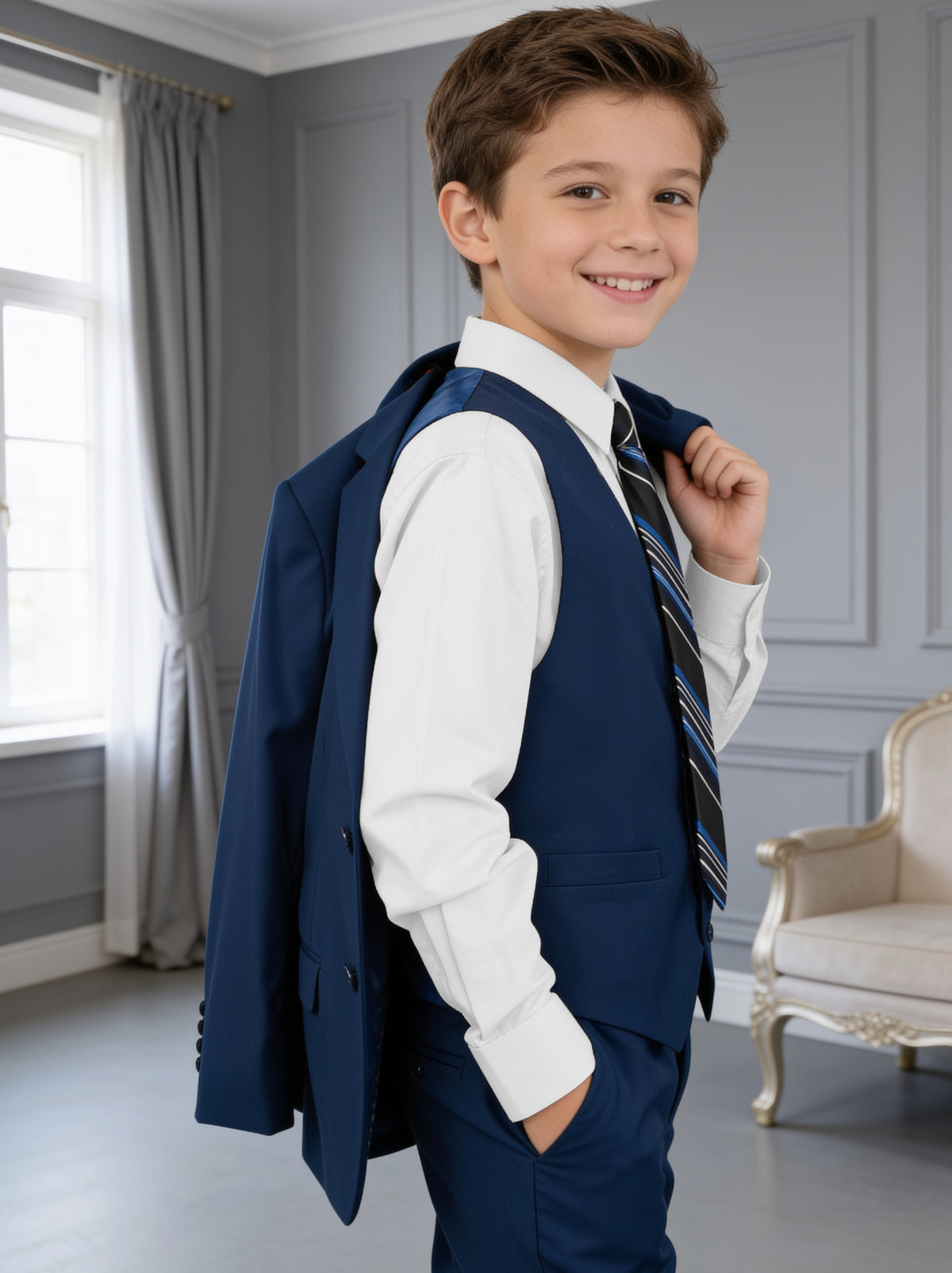 Traje juvenil Dalí rey con el saco al hombro
